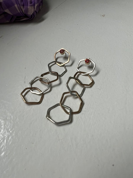 Long Two Toned Hexagon Chain LInk Studs with Prange CZ