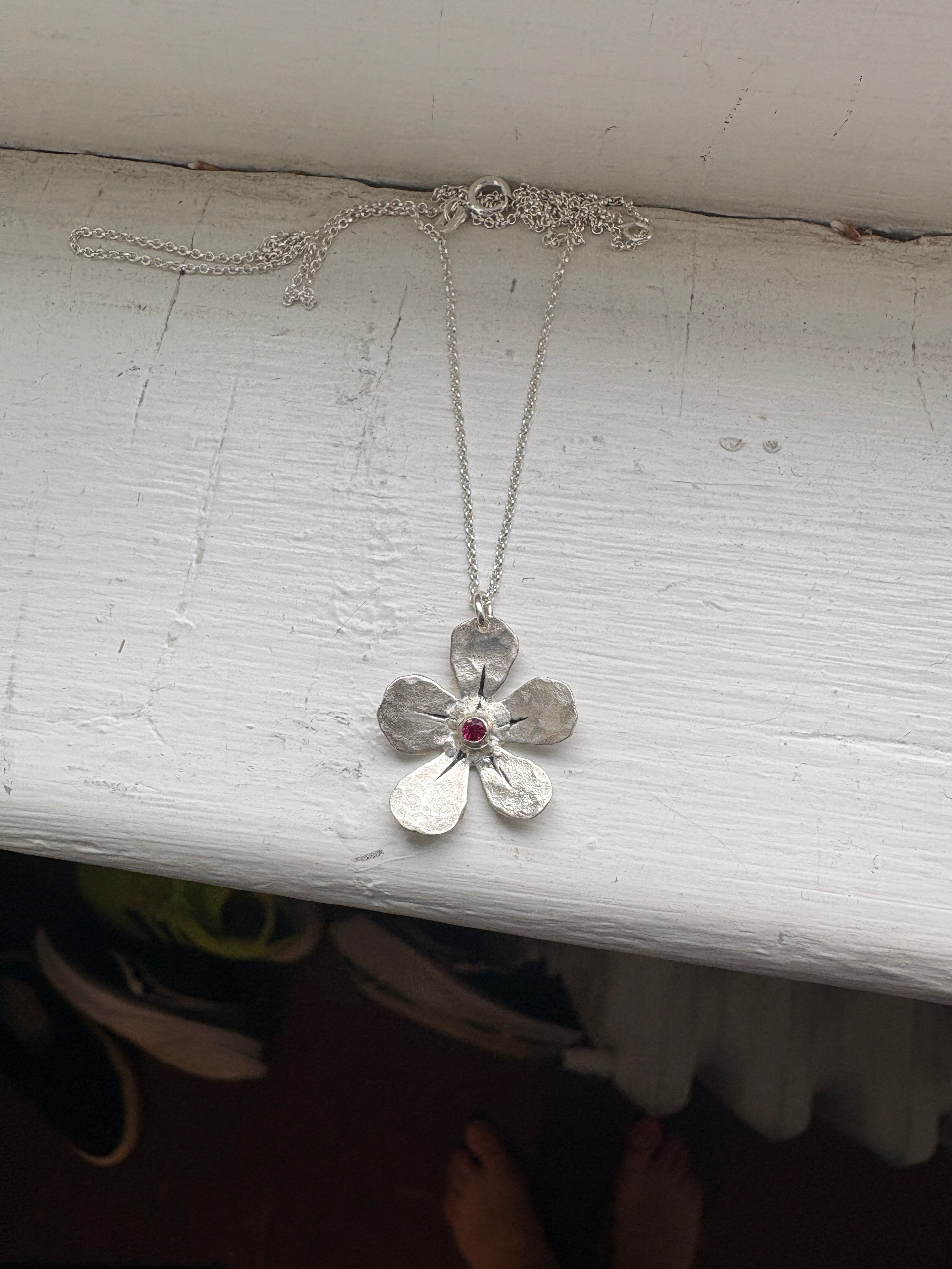 Custom Birthstone Forget Me Not Pendant Necklace in Sterling Silver