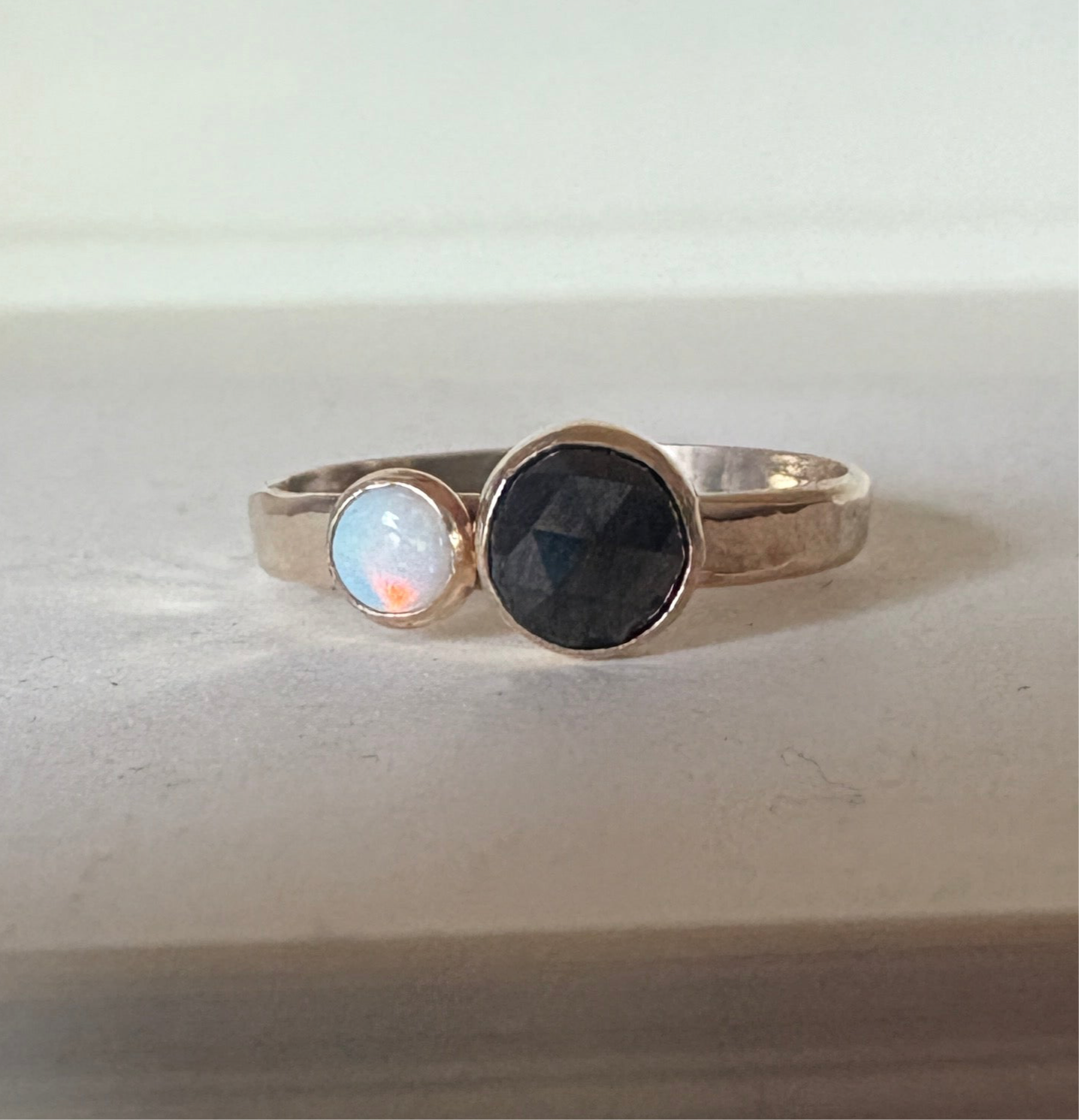 Black and White Ring Black Rosecut Diamond and Australian Opal Alternative Engagement Ring handmade