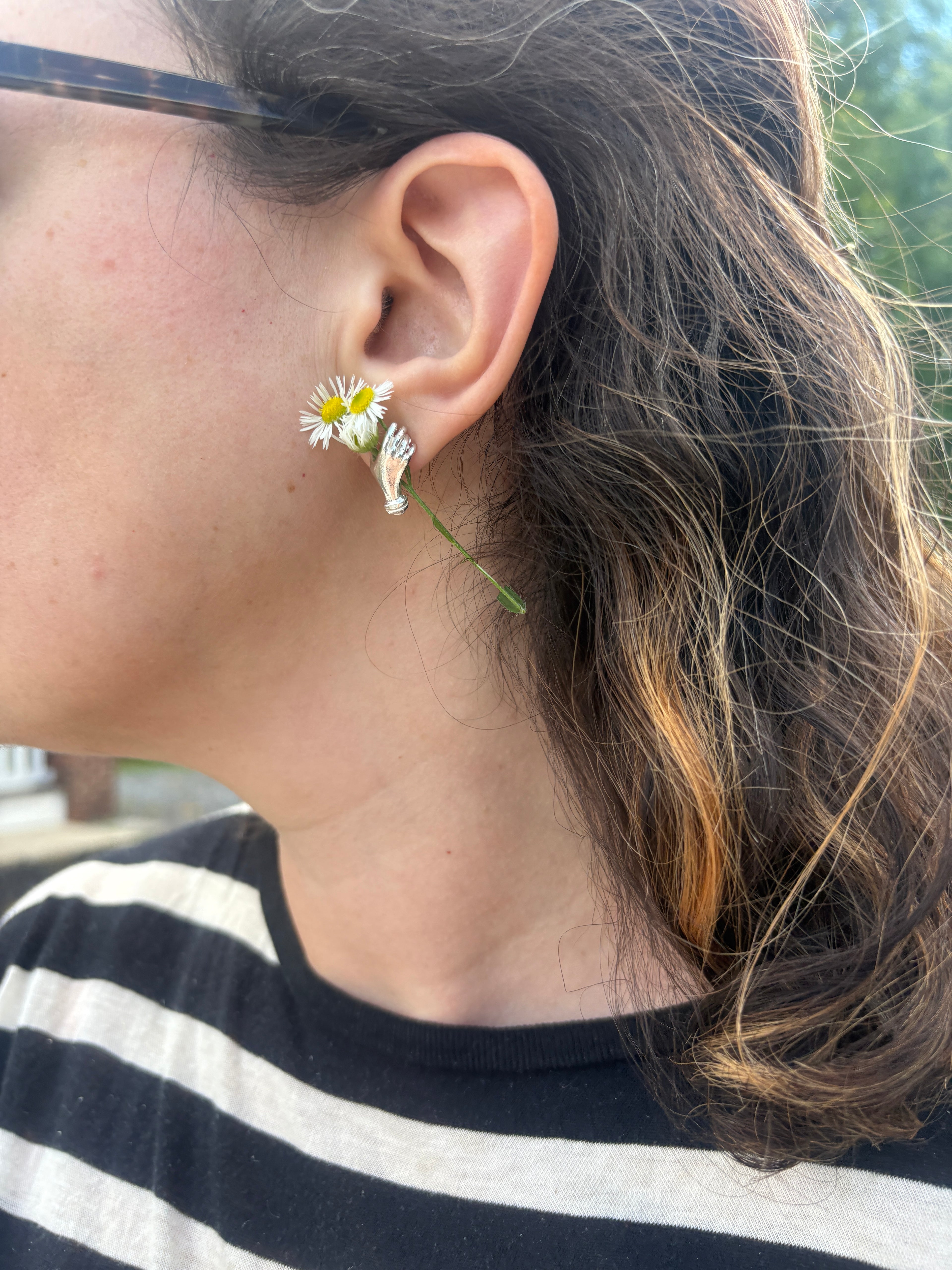 Holding Flowers Hand Studs in Sterling Silver