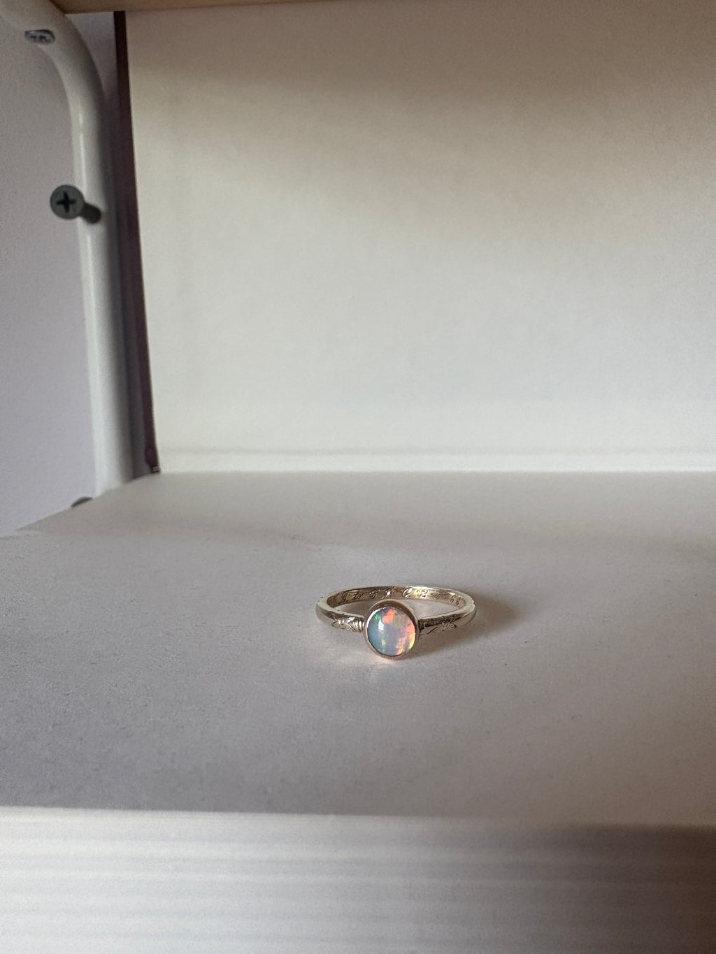 Ethiopian Opal in 14k yellow gold on engraved vintage 1966 floral band engagement ring upcycled gold