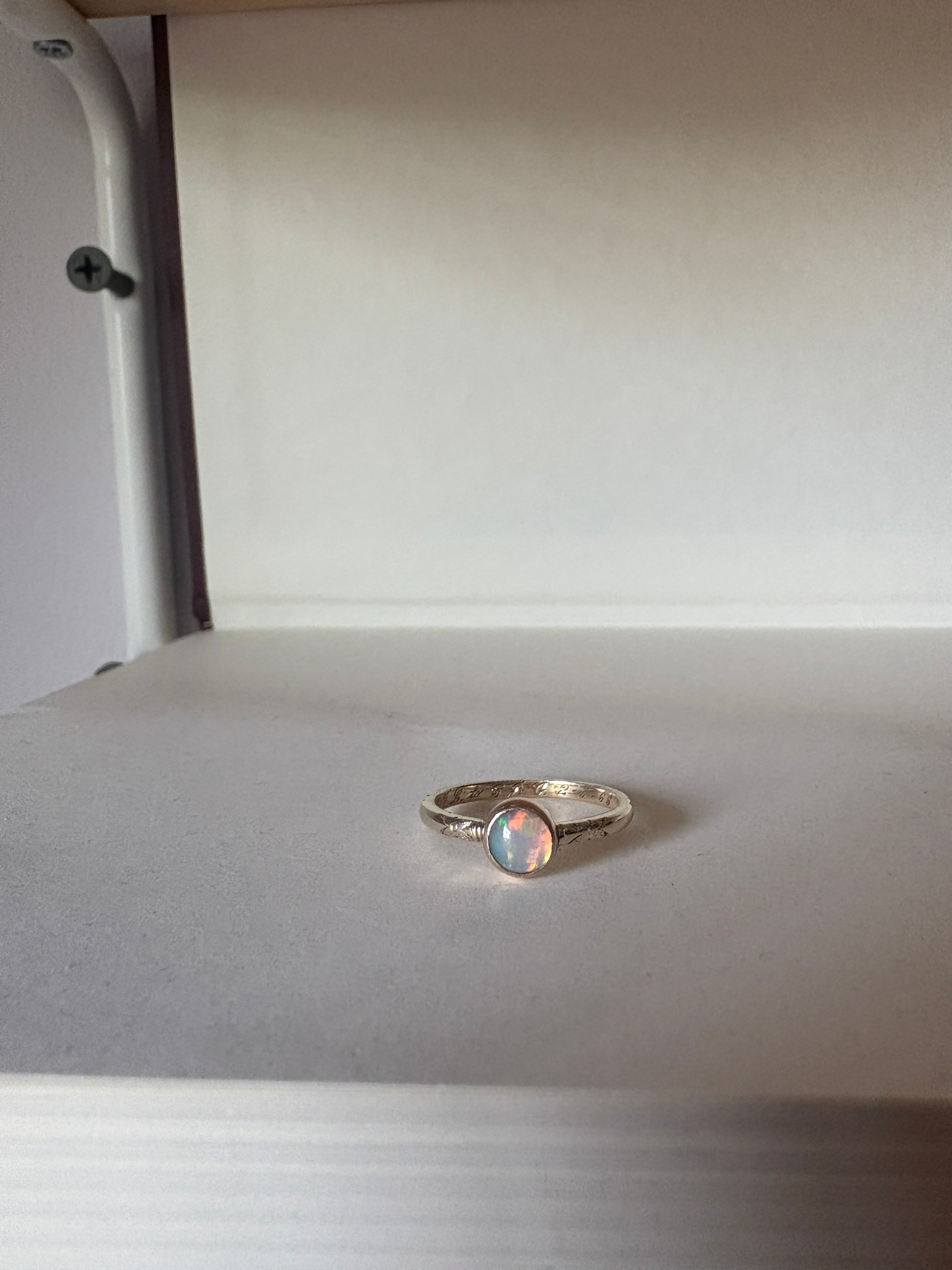 Ethiopian Opal in 14k yellow gold on engraved vintage 1966 floral band engagement ring upcycled gold
