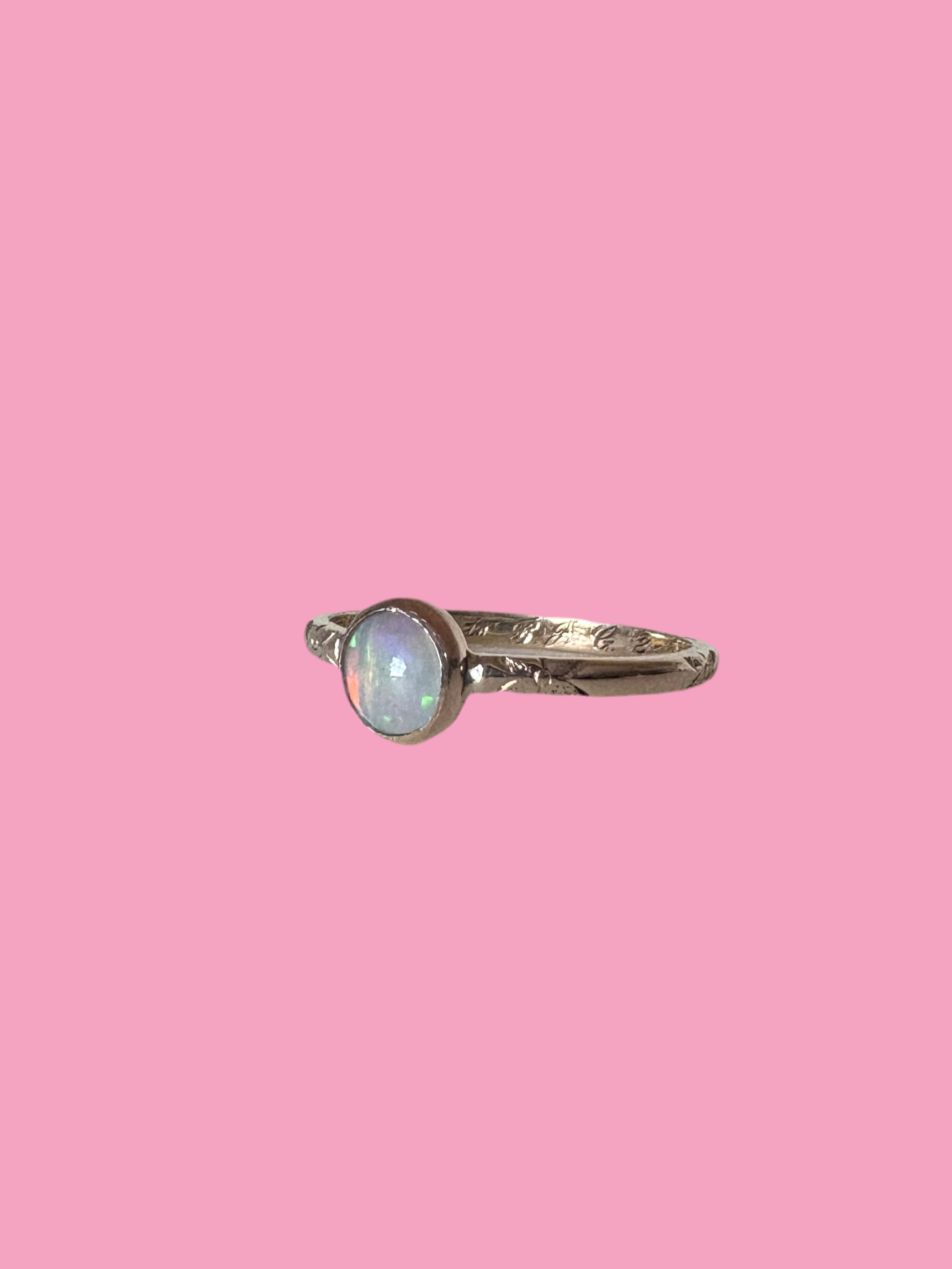 Ethiopian Opal in 14k yellow gold on engraved vintage 1966 floral band engagement ring upcycled gold