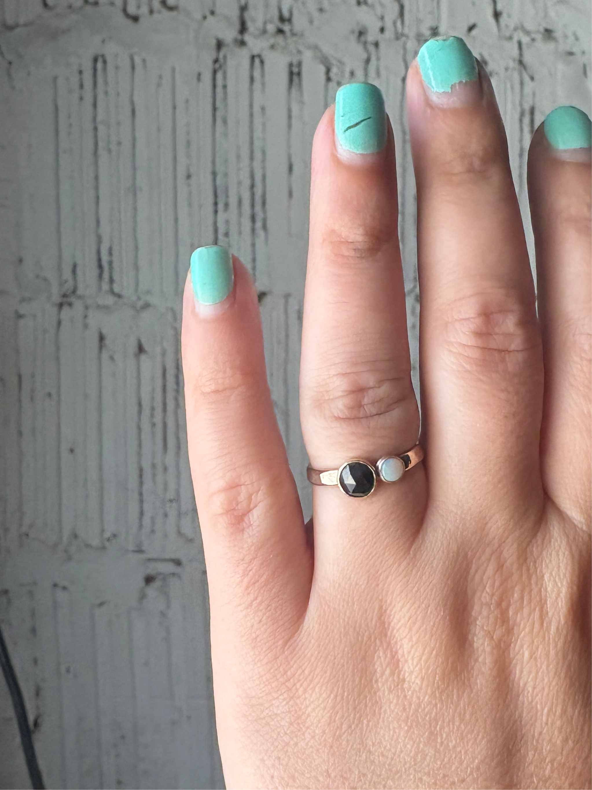 Black and White Ring Black Rosecut Diamond and Australian Opal Alternative Engagement Ring handmade