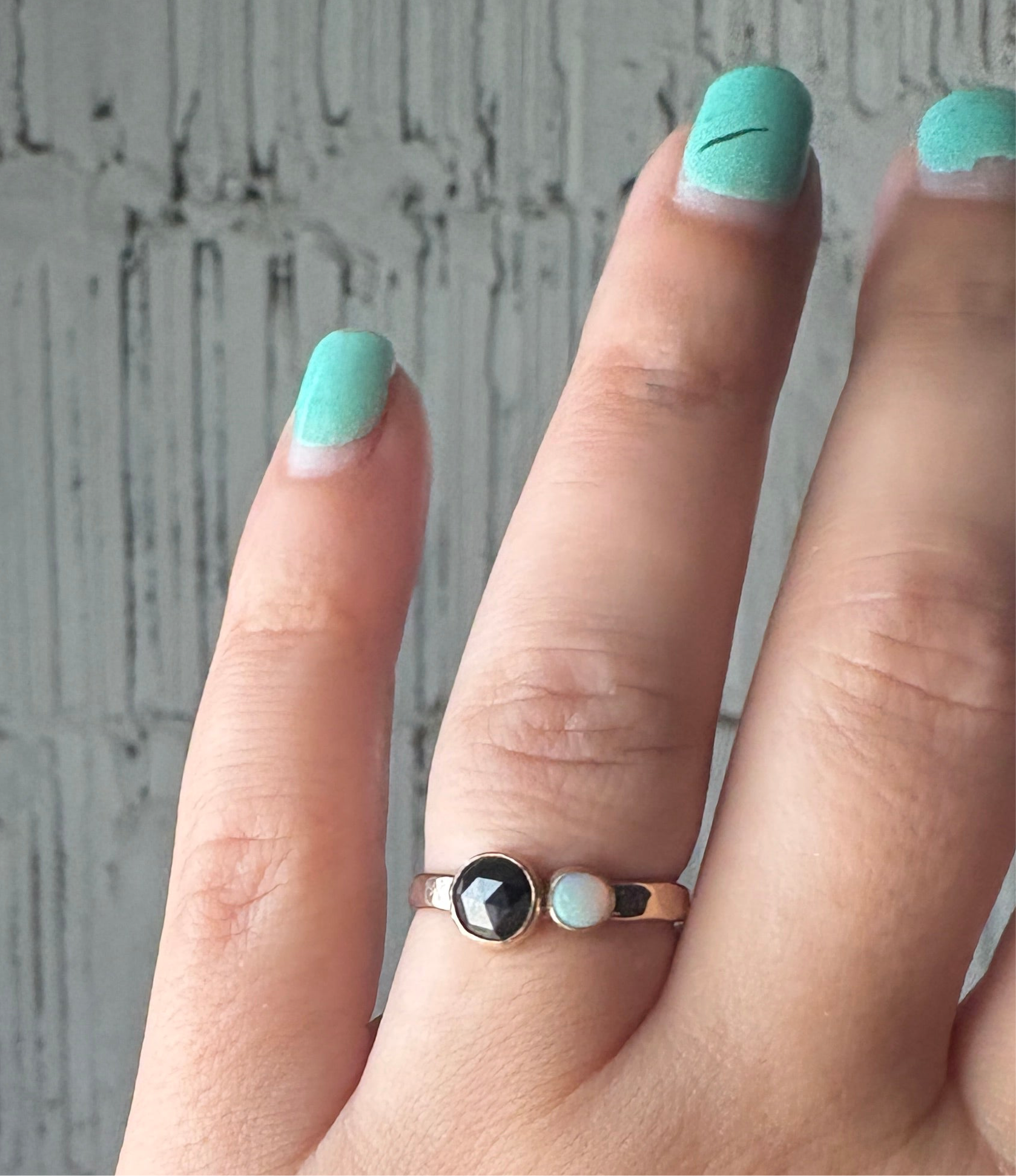 Black and White Ring Black Rosecut Diamond and Australian Opal Alternative Engagement Ring handmade