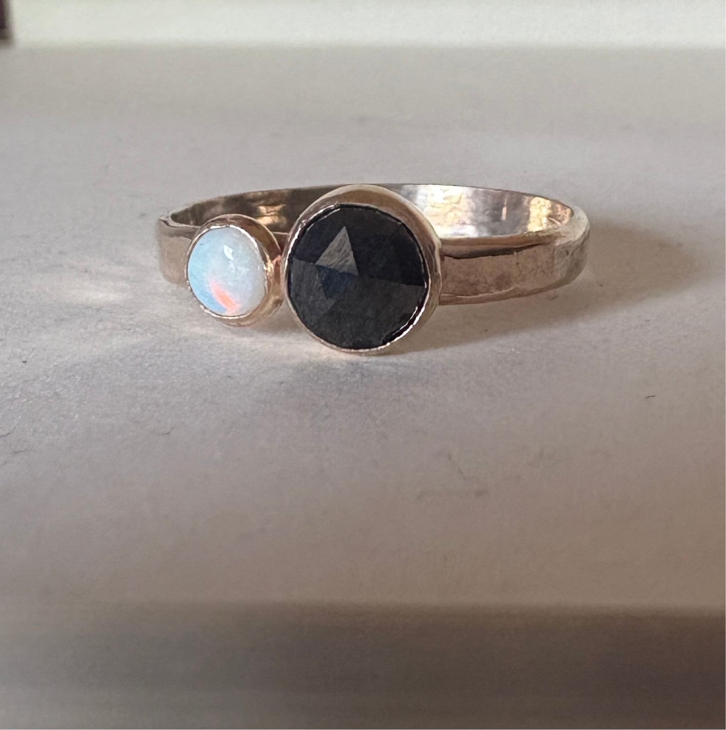Black and White Ring Black Rosecut Diamond and Australian Opal Alternative Engagement Ring handmade