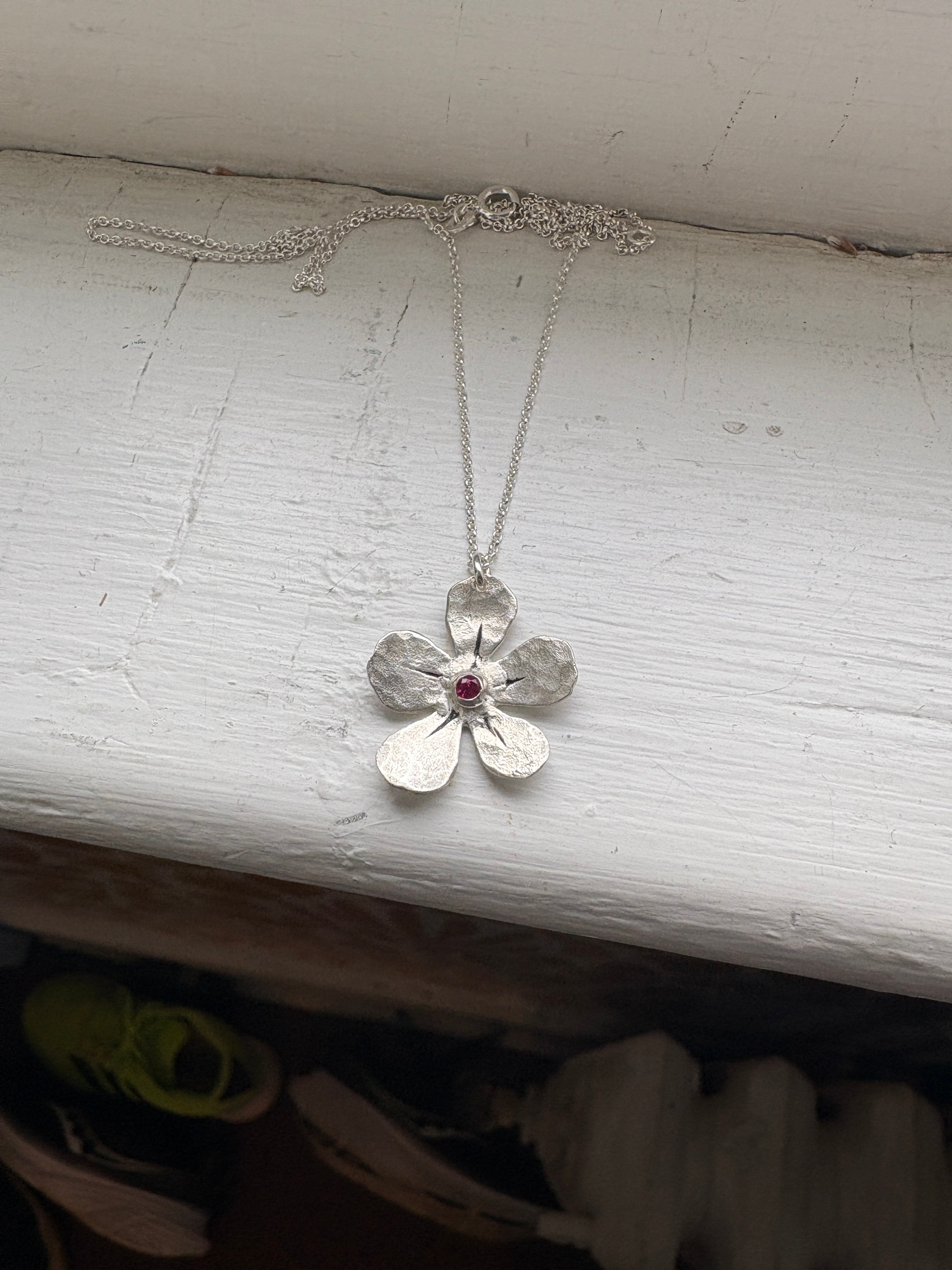 Custom Birthstone Forget Me Not Pendant Necklace in Sterling Silver
