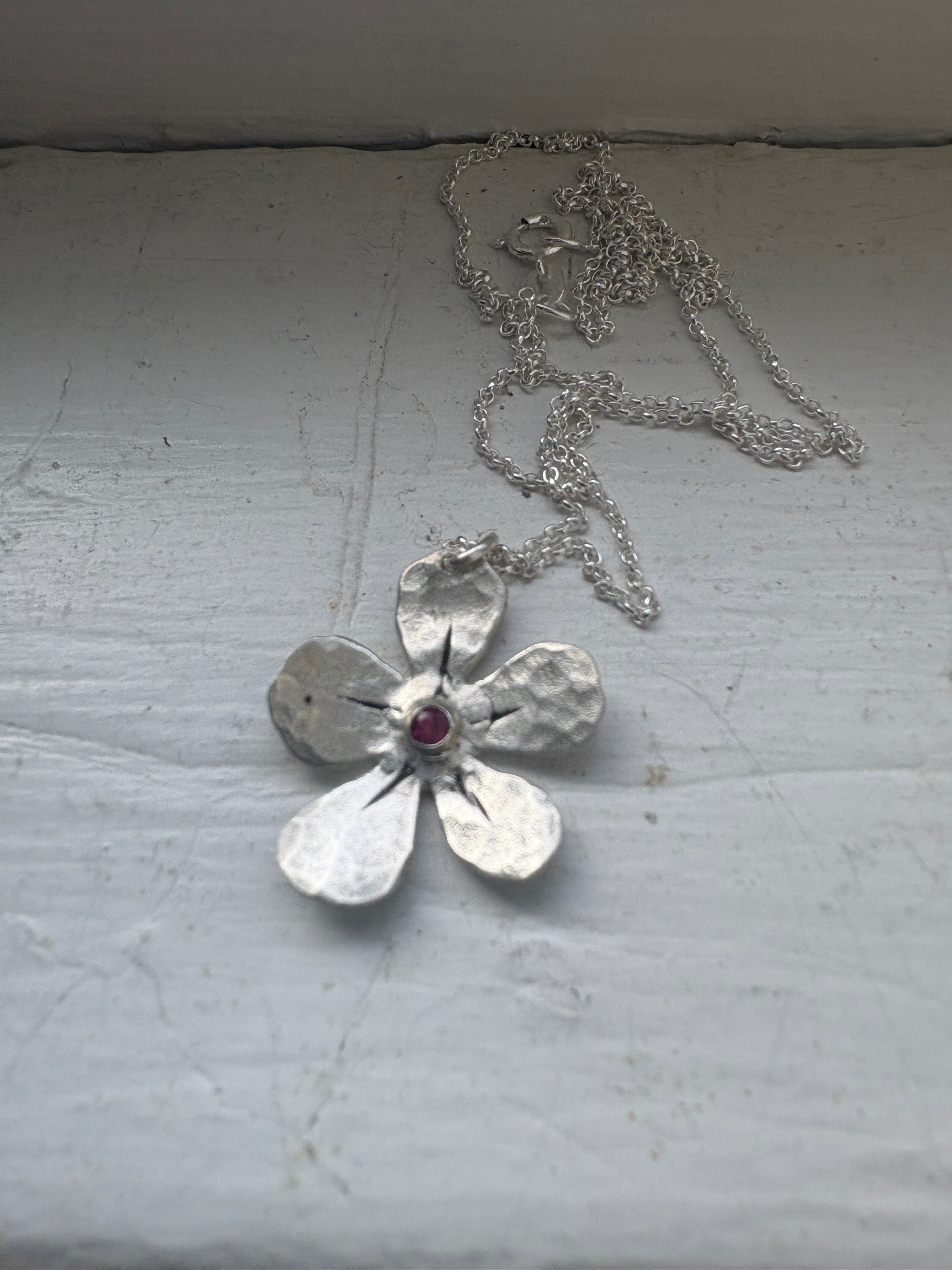 Custom Birthstone Forget Me Not Pendant Necklace in Sterling Silver