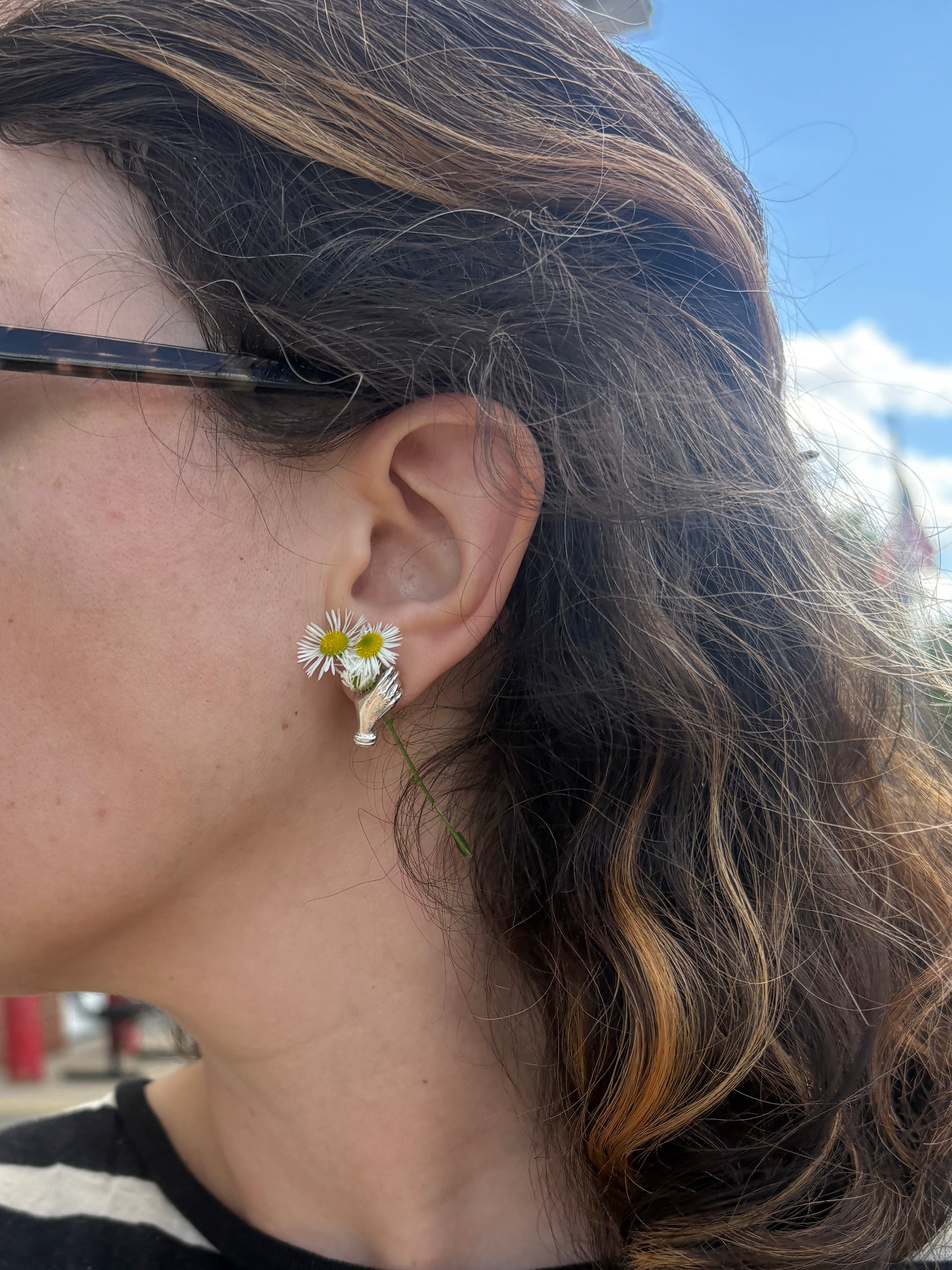Holding Flowers Hand Studs in Sterling Silver