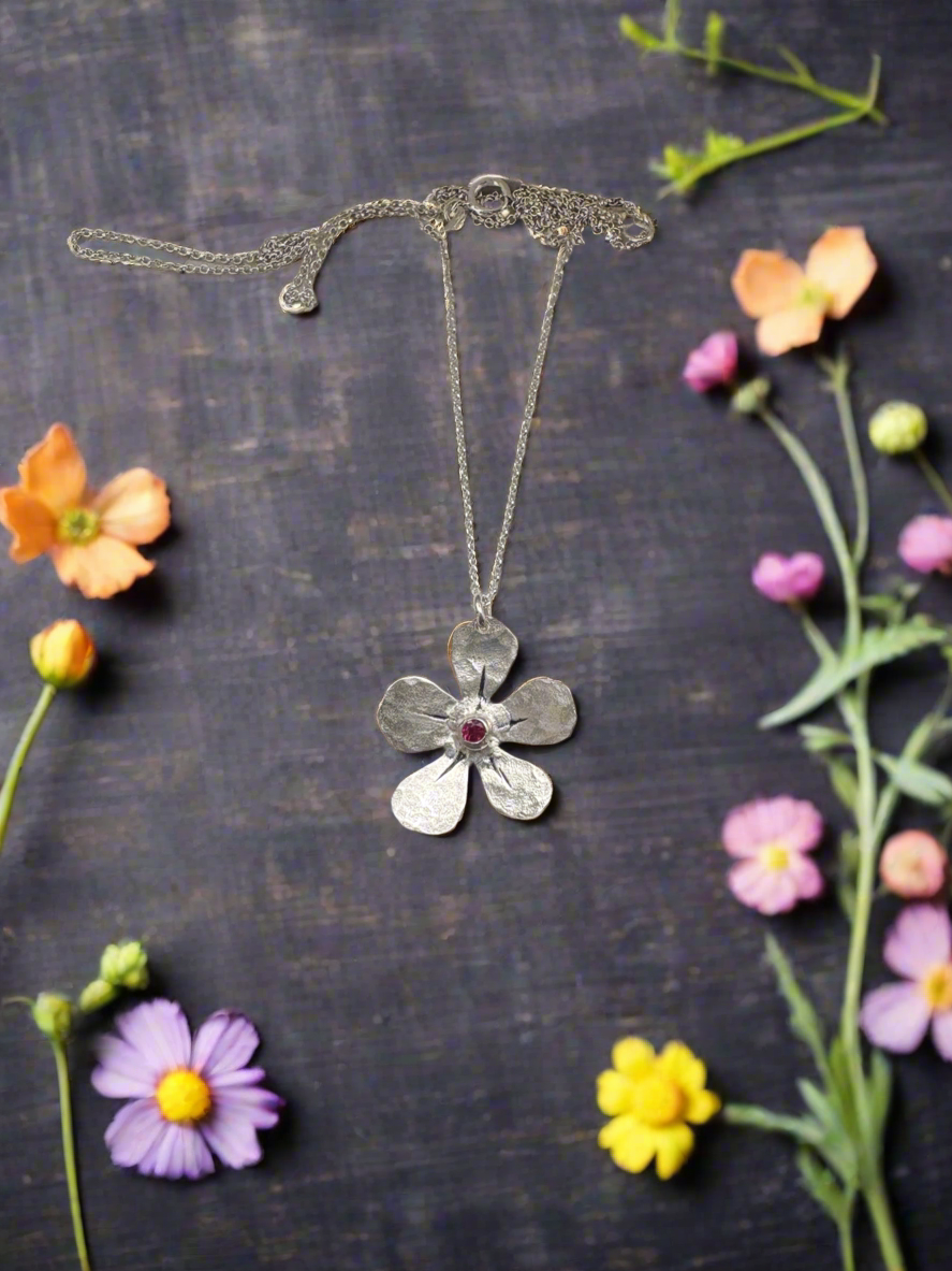 Custom Birthstone Forget Me Not Pendant Necklace in Sterling Silver