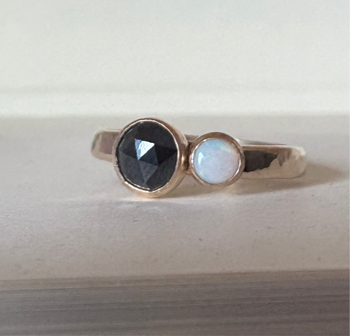 Black and White Ring Black Rosecut Diamond and Australian Opal Alternative Engagement Ring handmade