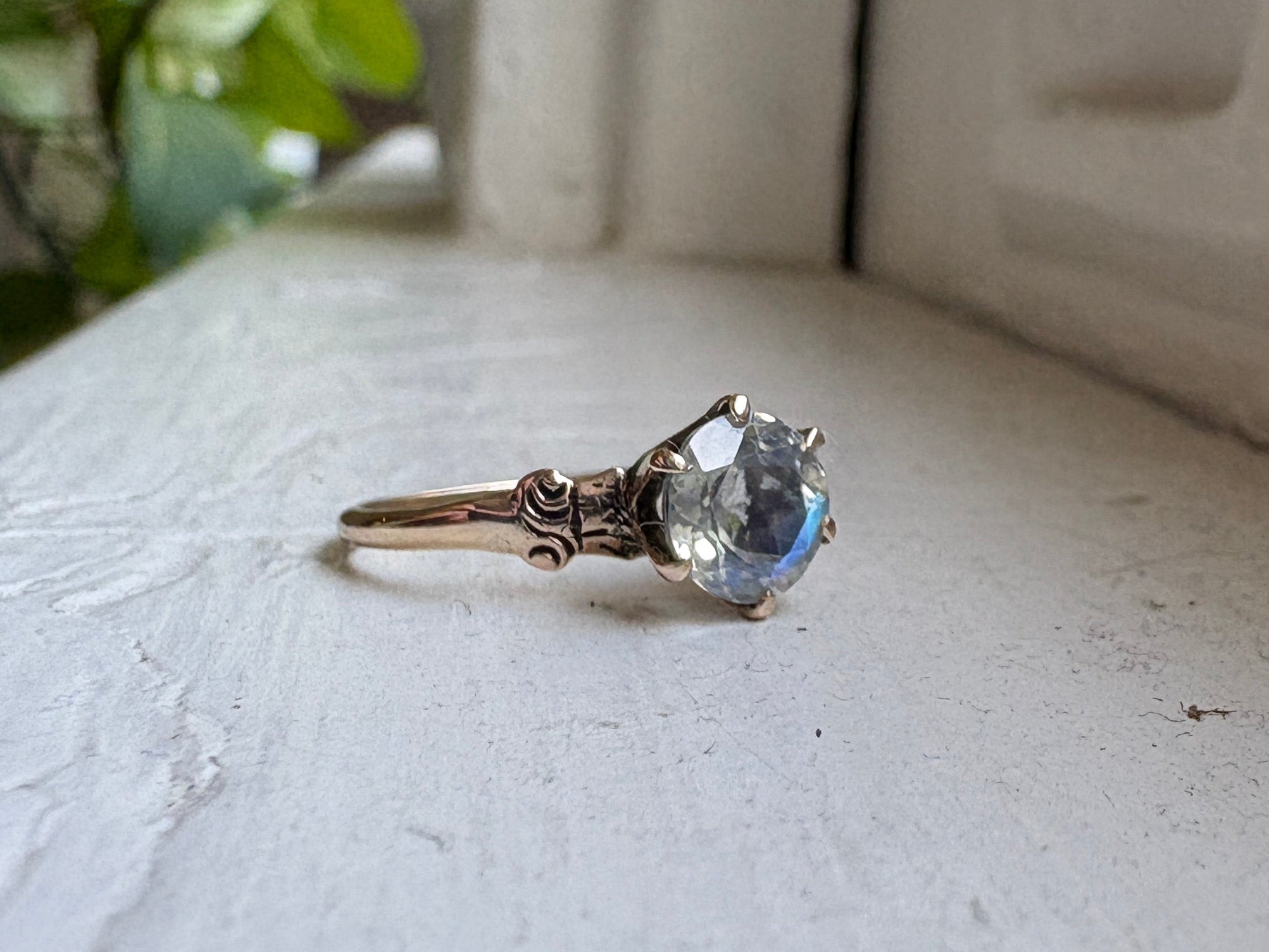 Faceted Moonstone Ring in 14k Antique Gold Setting