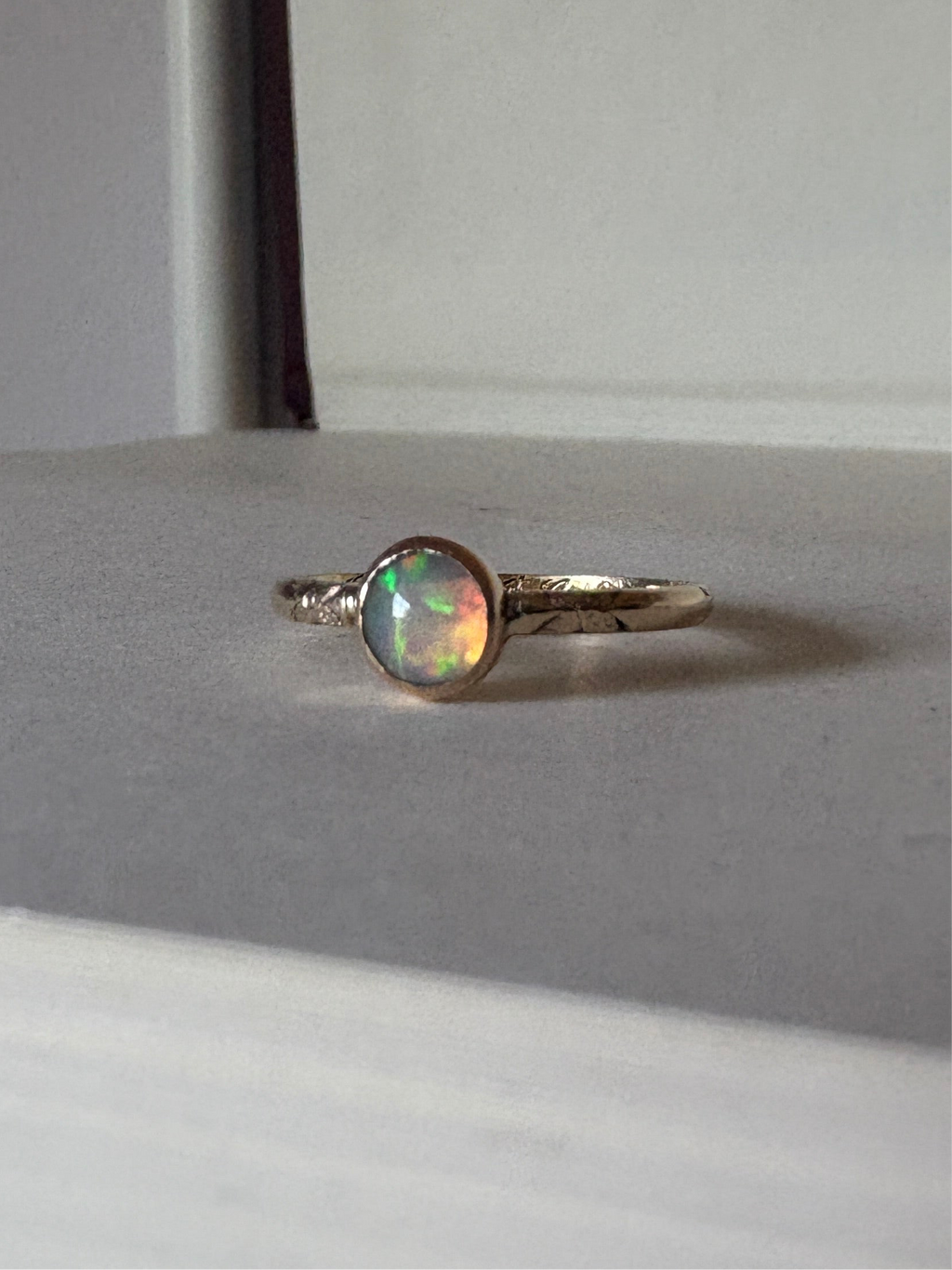 Ethiopian Opal in 14k yellow gold on engraved vintage 1966 floral band engagement ring upcycled gold