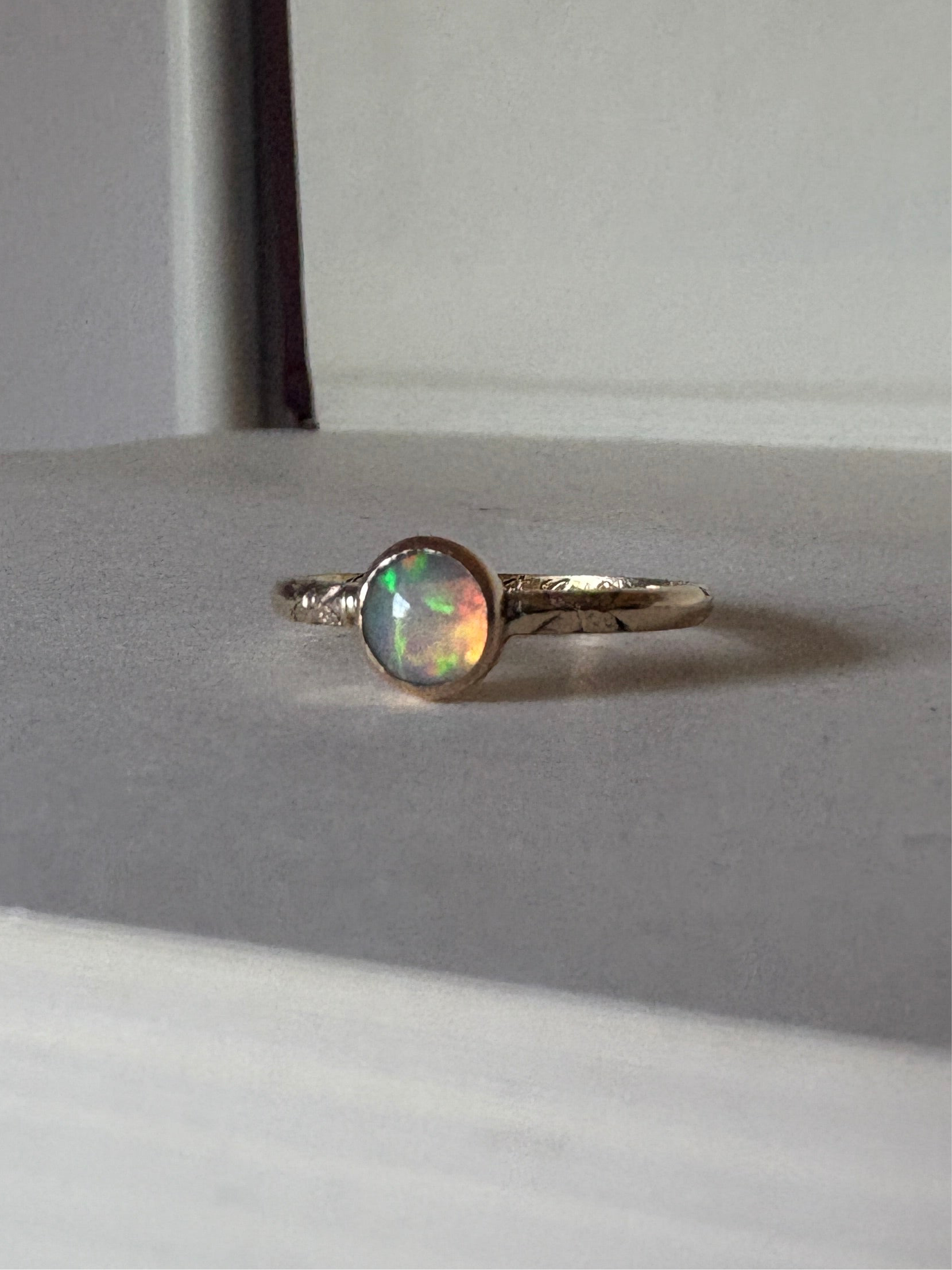 Ethiopian Opal in 14k yellow gold on engraved vintage 1966 floral band engagement ring upcycled gold