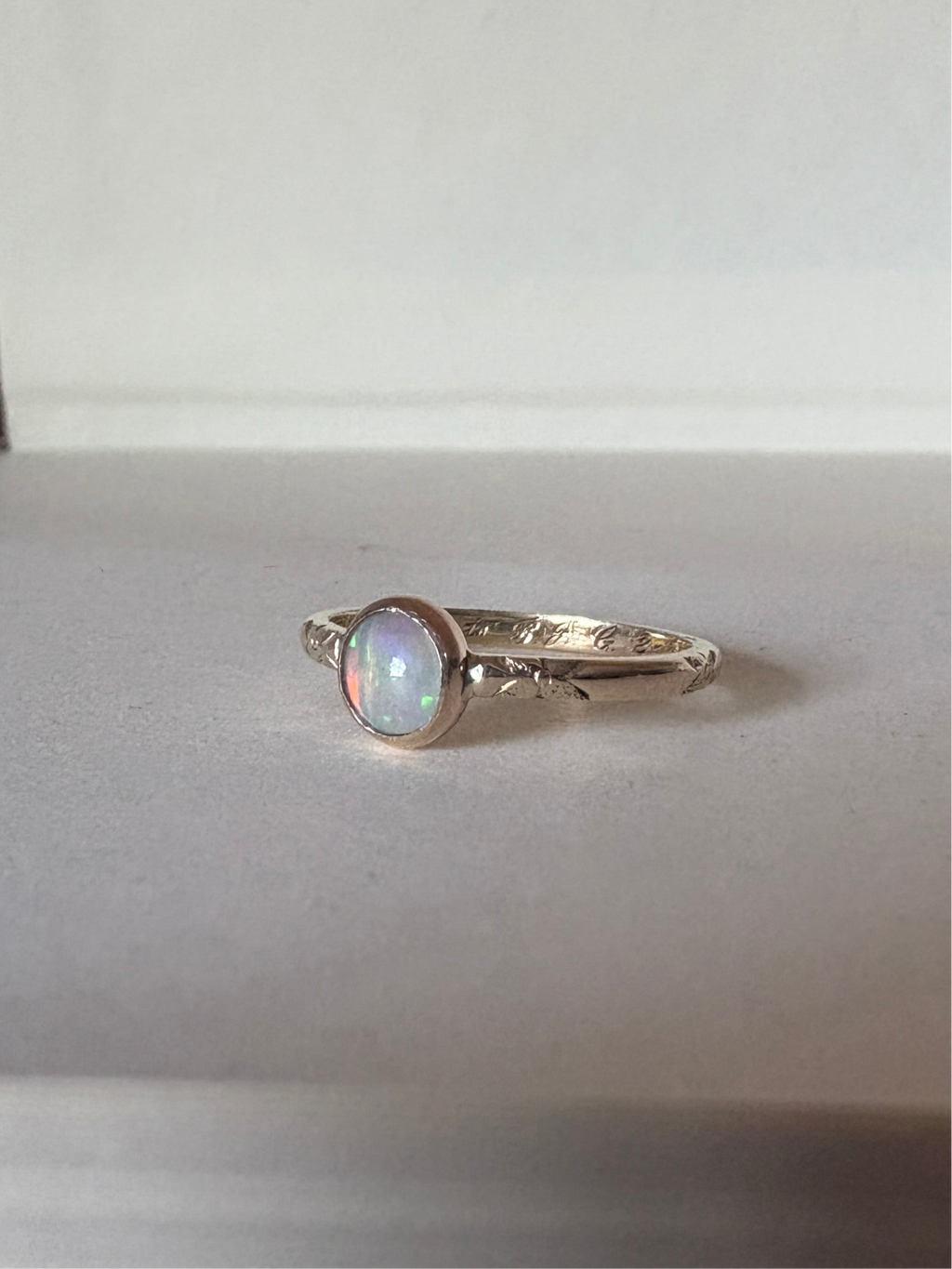 Ethiopian Opal in 14k yellow gold on engraved vintage 1966 floral band engagement ring upcycled gold