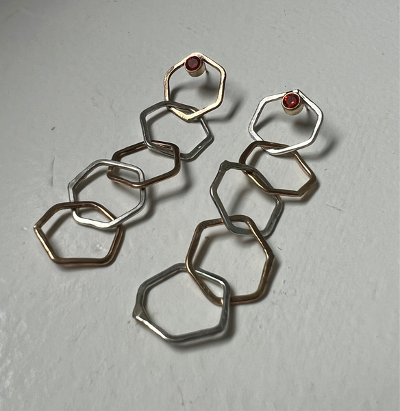 Long Two Toned Hexagon Chain LInk Studs with Prange CZ