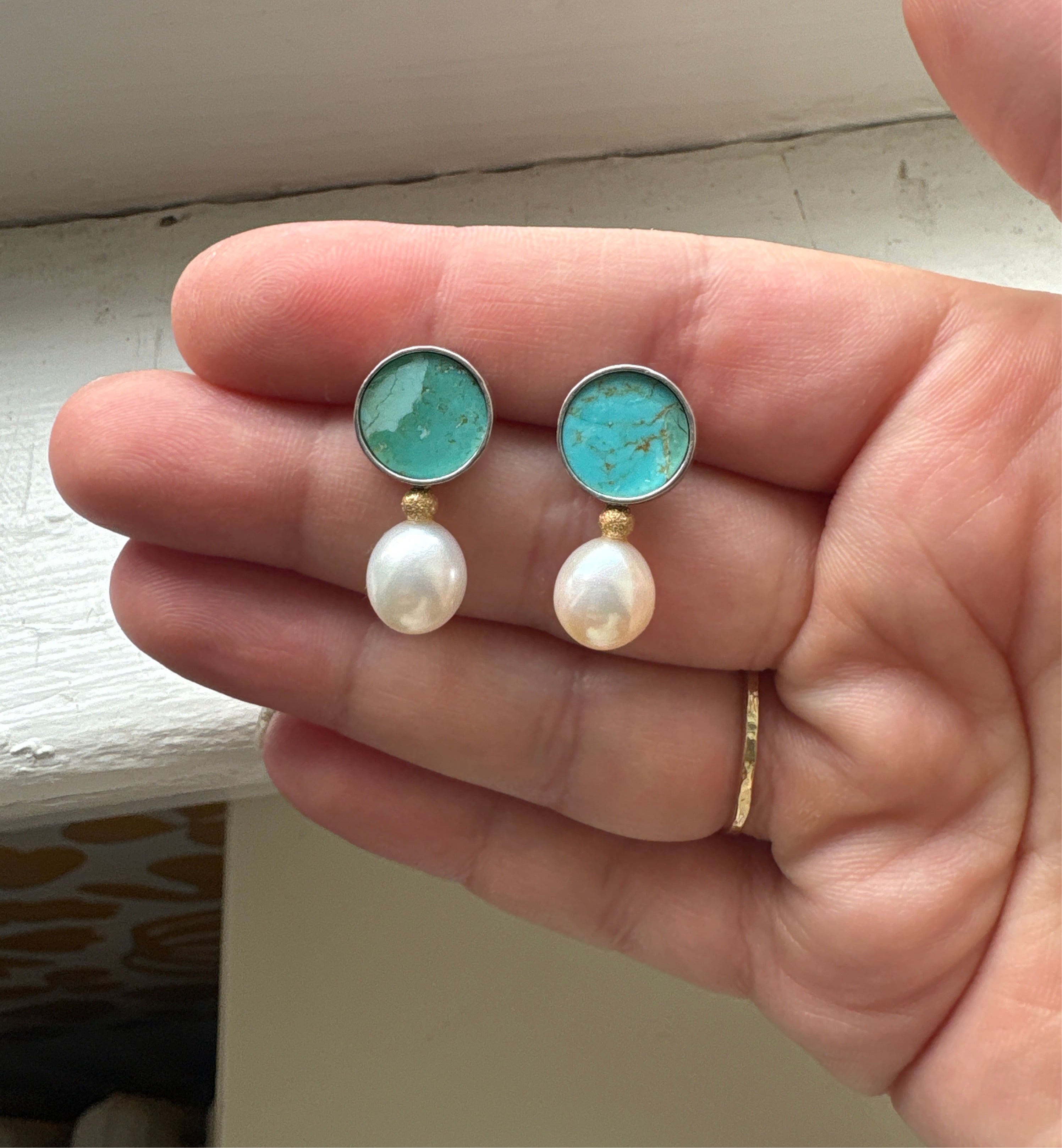 Turquoise Pearl and Gold Bead Studs