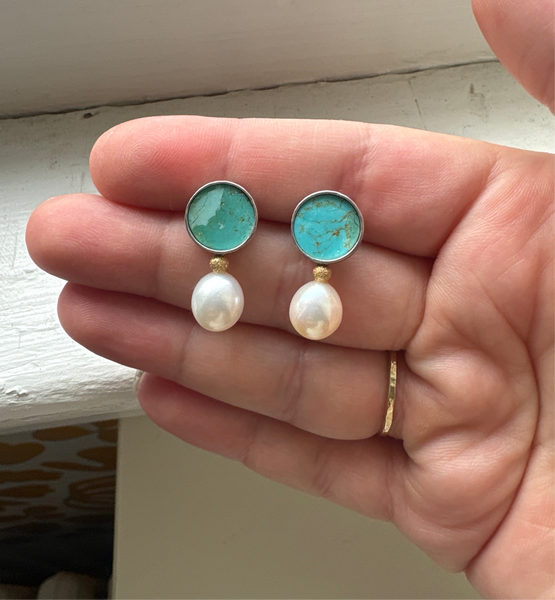 Turquoise Pearl and Gold Bead Studs