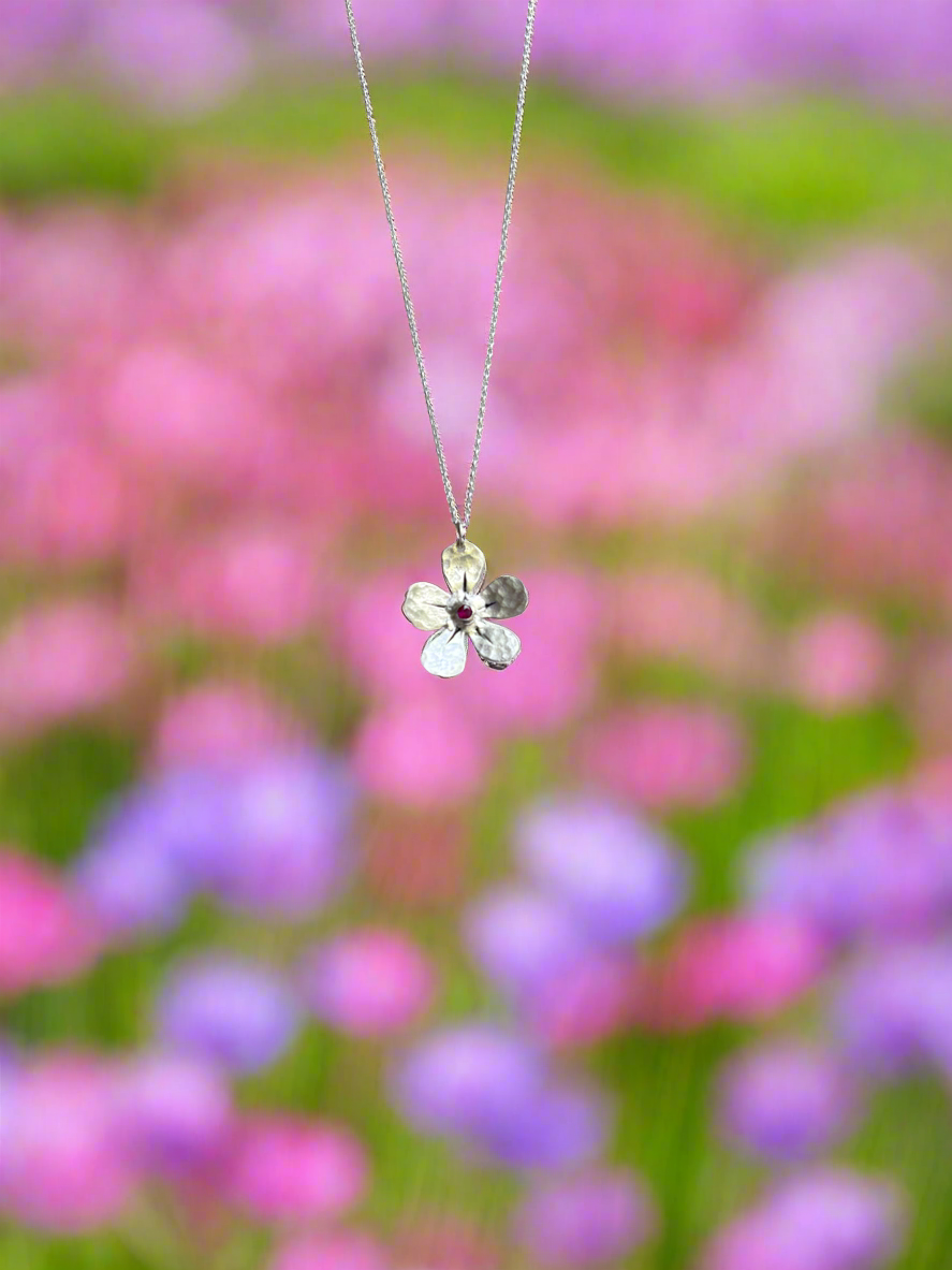 Custom Birthstone Forget Me Not Pendant Necklace in Sterling Silver