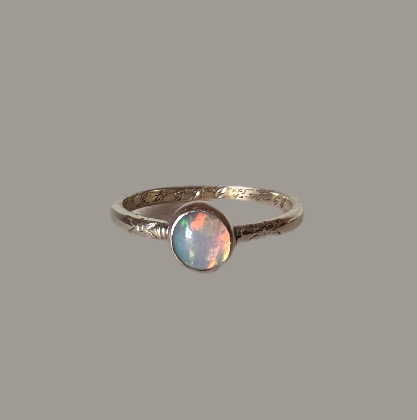 Ethiopian Opal in 14k yellow gold on engraved vintage 1966 floral band engagement ring upcycled gold