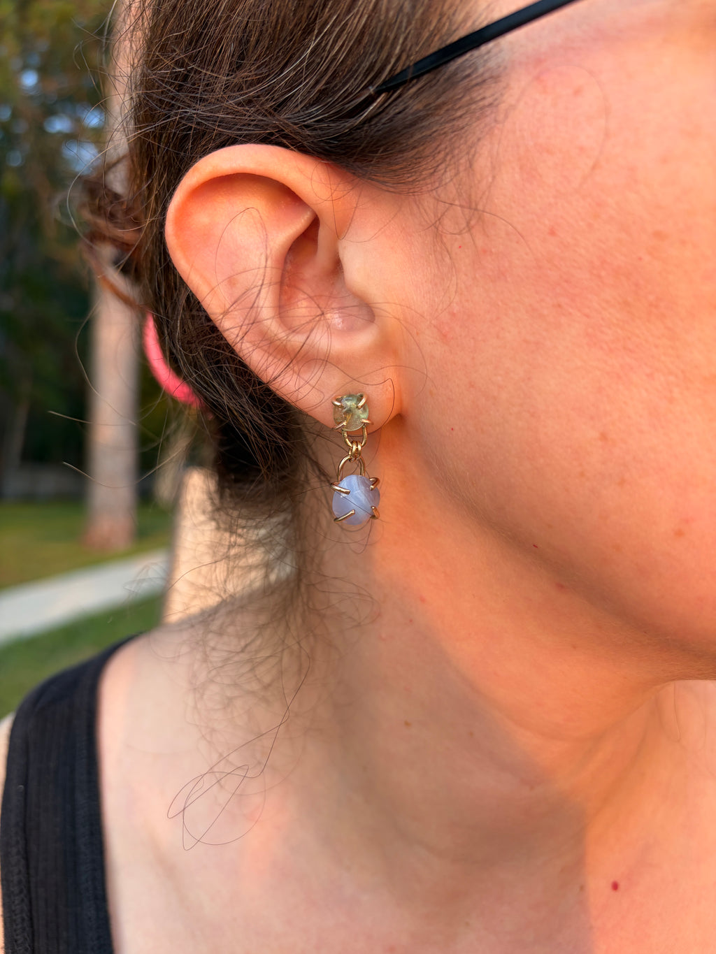 Linked Gems- Emerald and chalcedony linked stud dangles