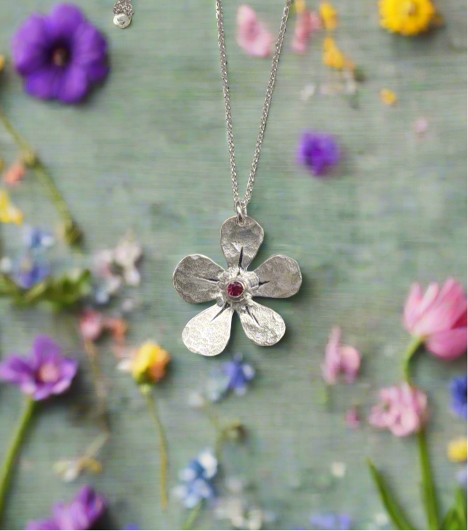 Custom Birthstone Forget Me Not Pendant Necklace in Sterling Silver