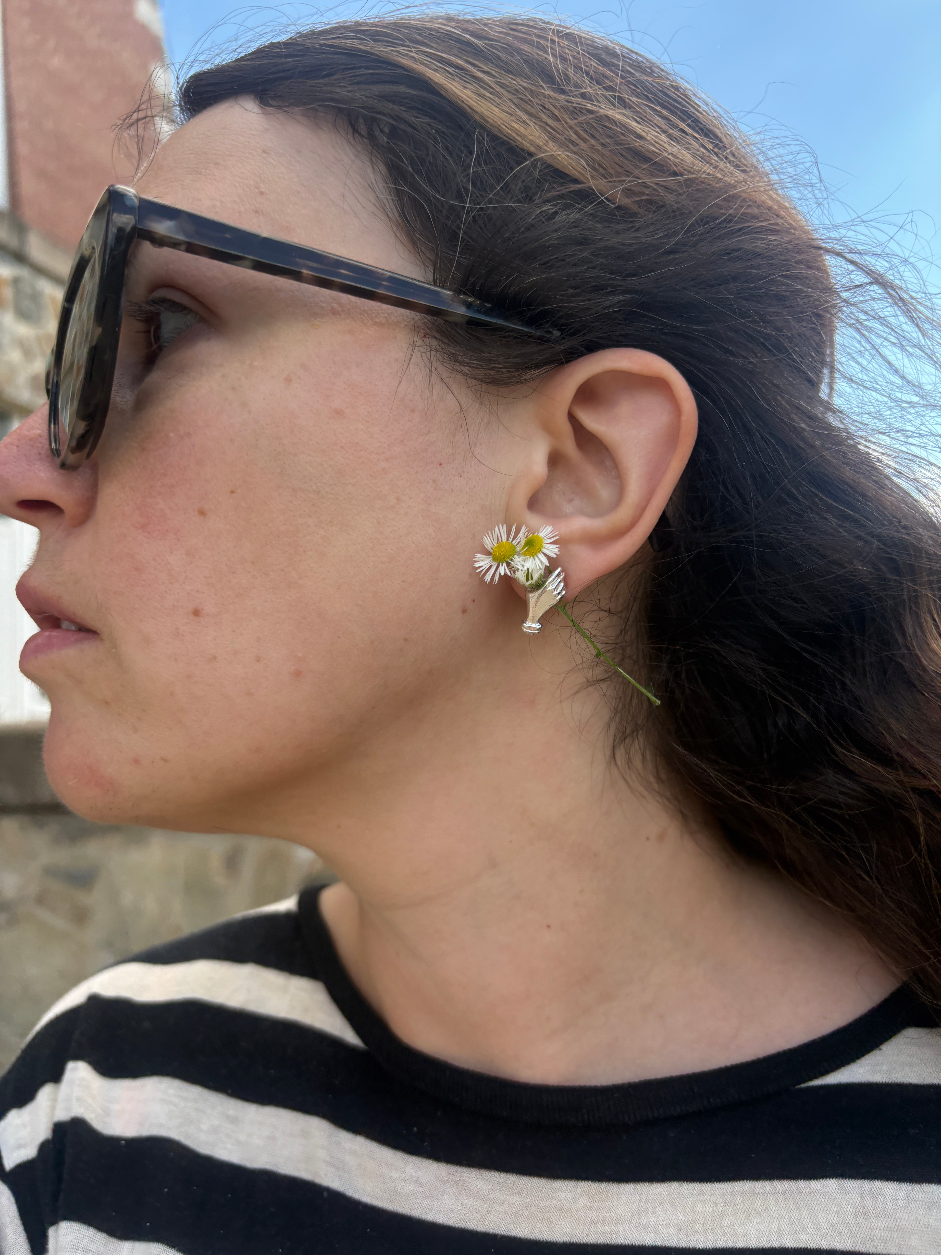 Holding Flowers Hand Studs in Sterling Silver