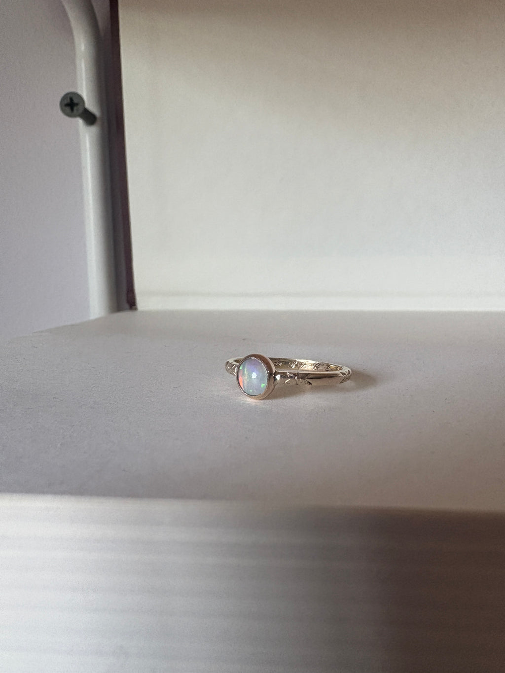 Ethiopian Opal in 14k yellow gold on engraved vintage 1966 floral band engagement ring upcycled gold