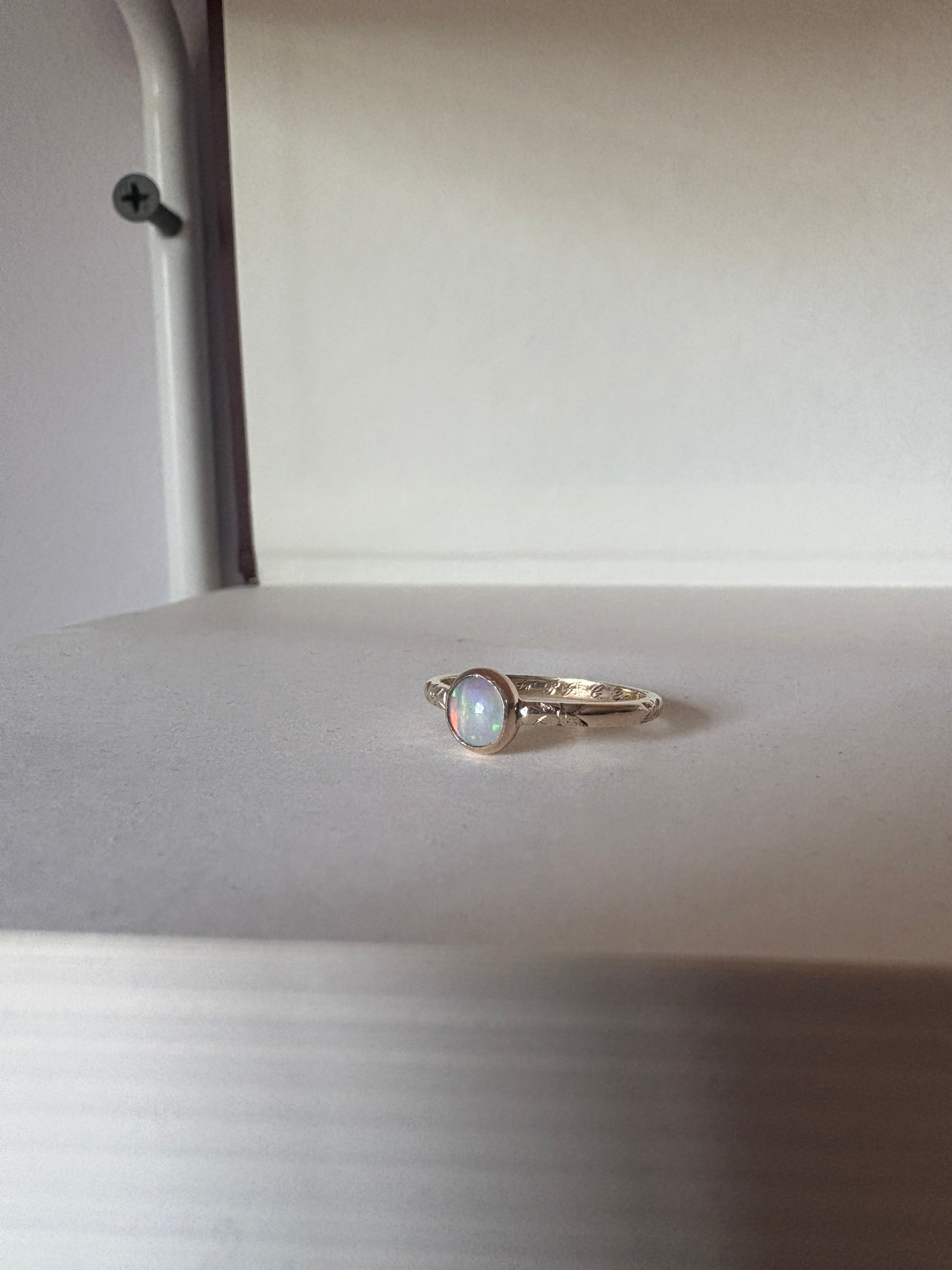 Ethiopian Opal in 14k yellow gold on engraved vintage 1966 floral band engagement ring upcycled gold