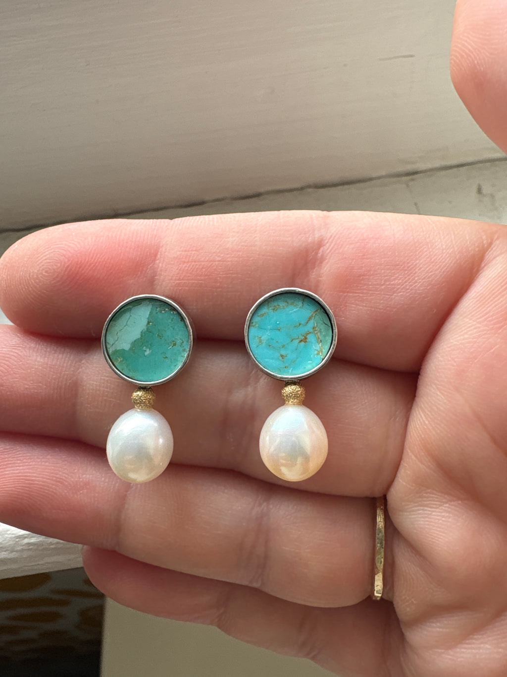Turquoise Pearl and Gold Bead Studs