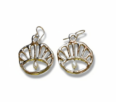 Sterling Sun Rise Evil Eye Dangles with Swinging Pearls
