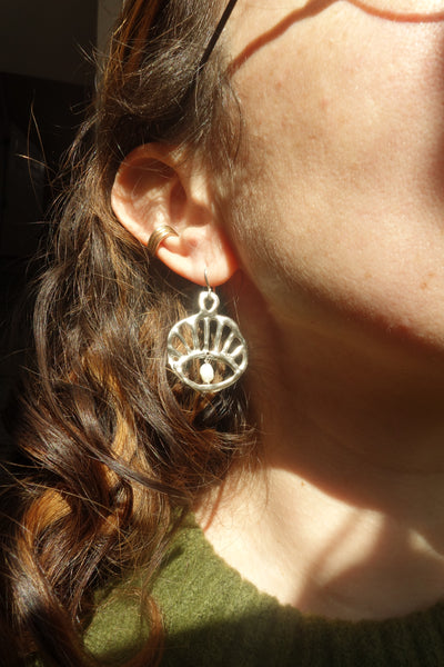 Sterling Sun Rise Evil Eye Dangles with Swinging Pearls