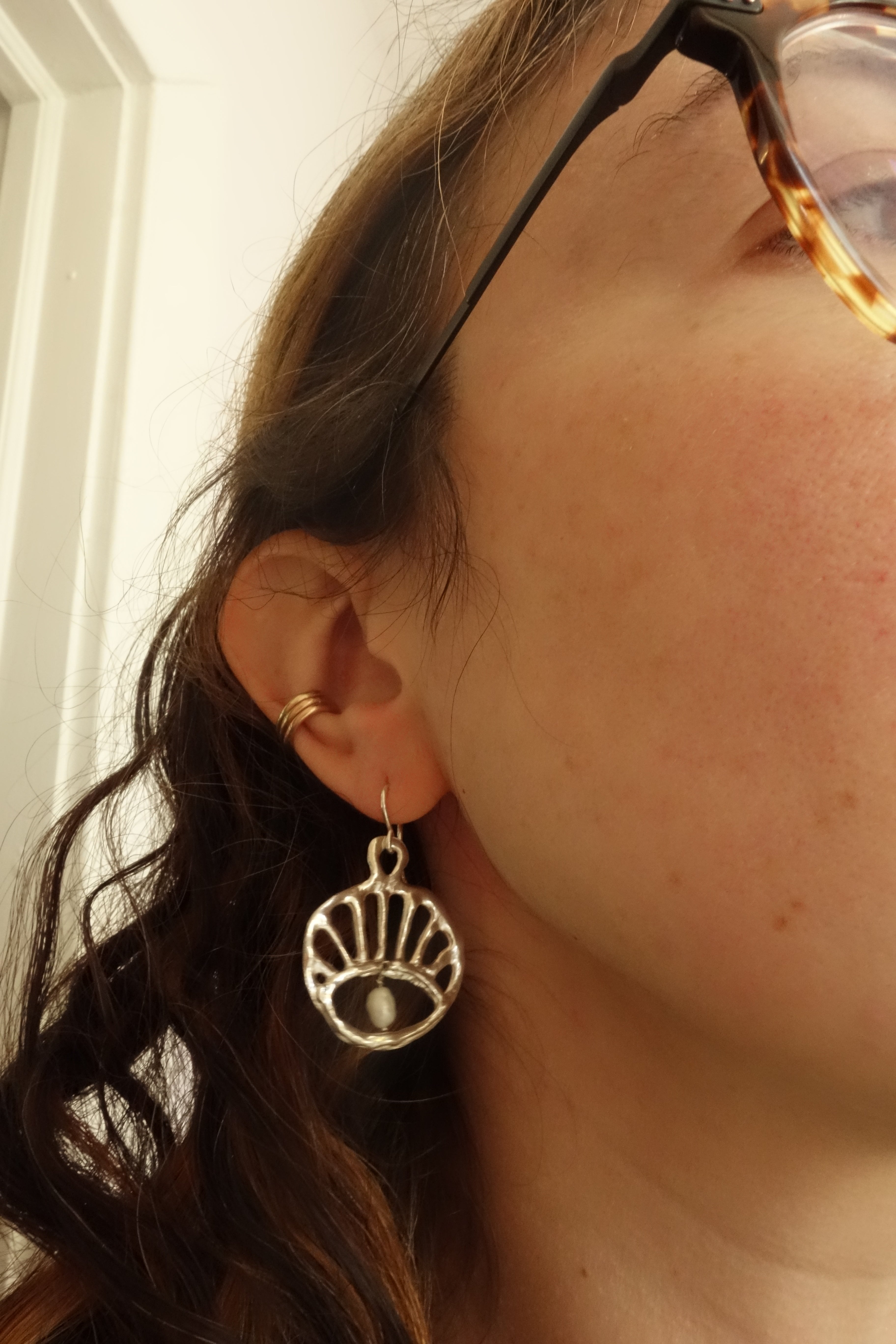 Sterling Sun Rise Evil Eye Dangles with Swinging Pearls