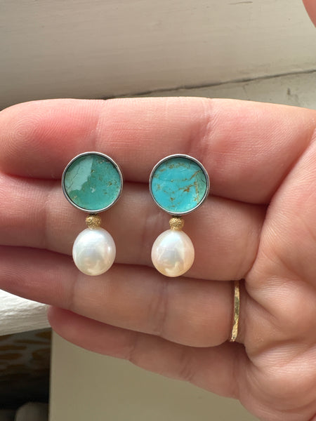 Turquoise Pearl and Gold Bead Studs