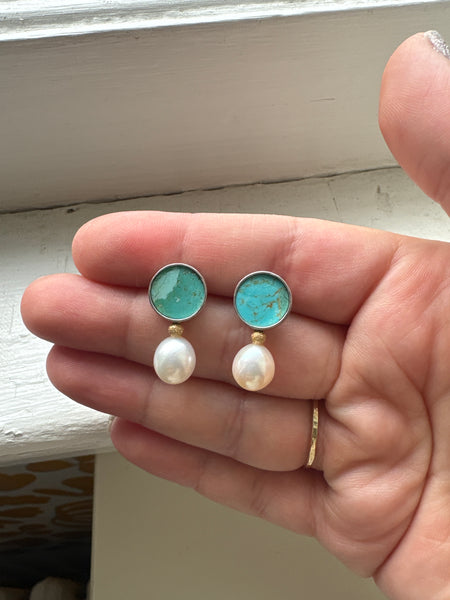 Turquoise Pearl and Gold Bead Studs