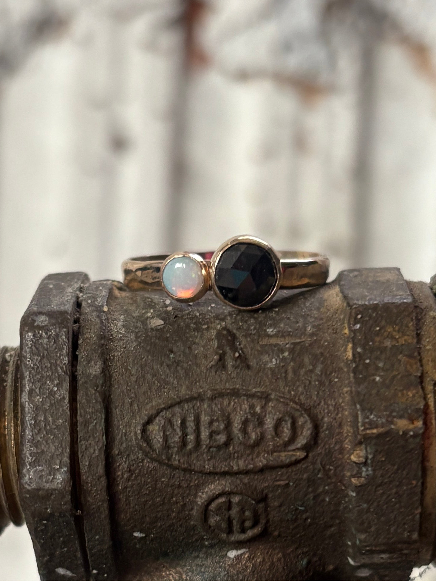 Black and White Ring Black Rosecut Diamond and Australian Opal Alternative Engagement Ring handmade