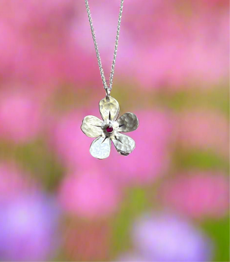 Custom Birthstone Forget Me Not Pendant Necklace in Sterling Silver