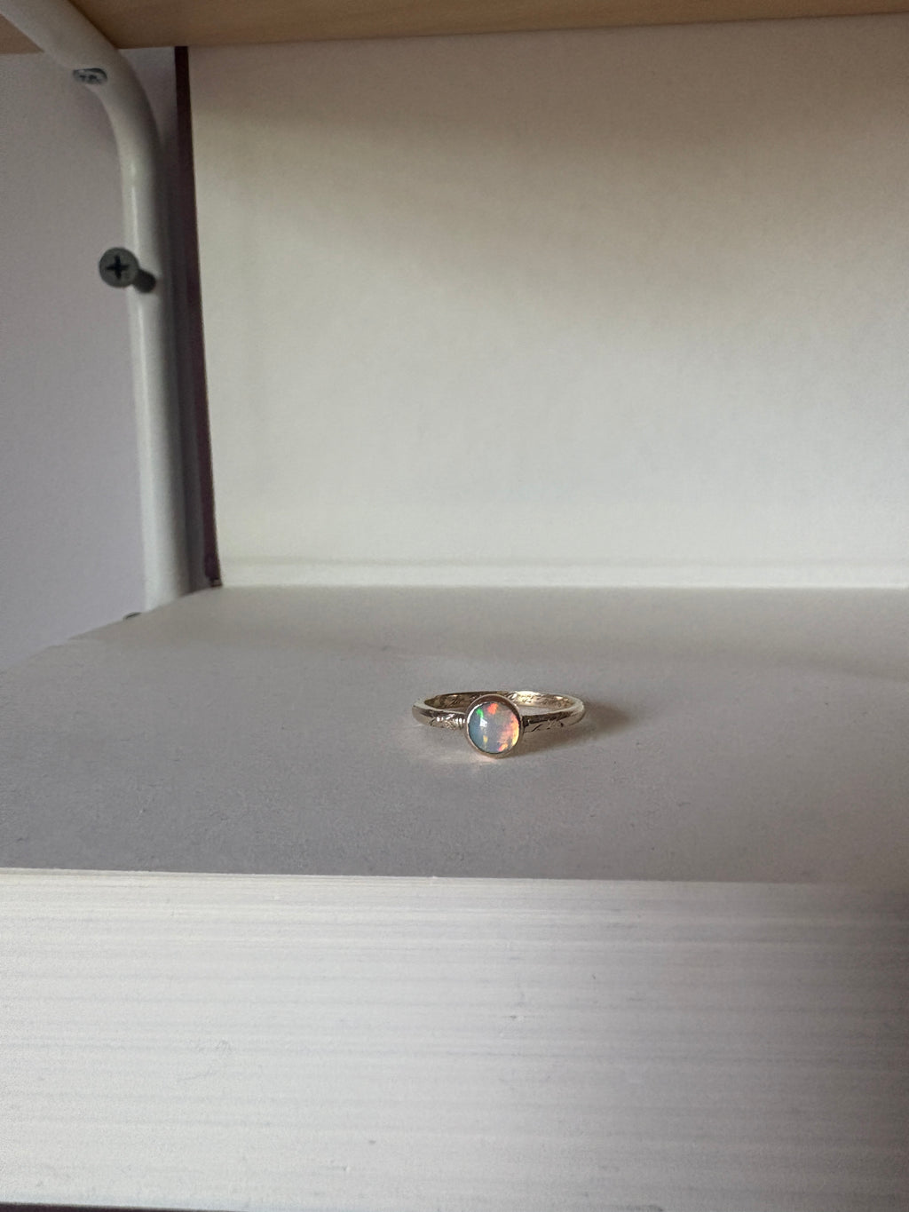 Ethiopian Opal in 14k yellow gold on engraved vintage 1966 floral band engagement ring upcycled gold