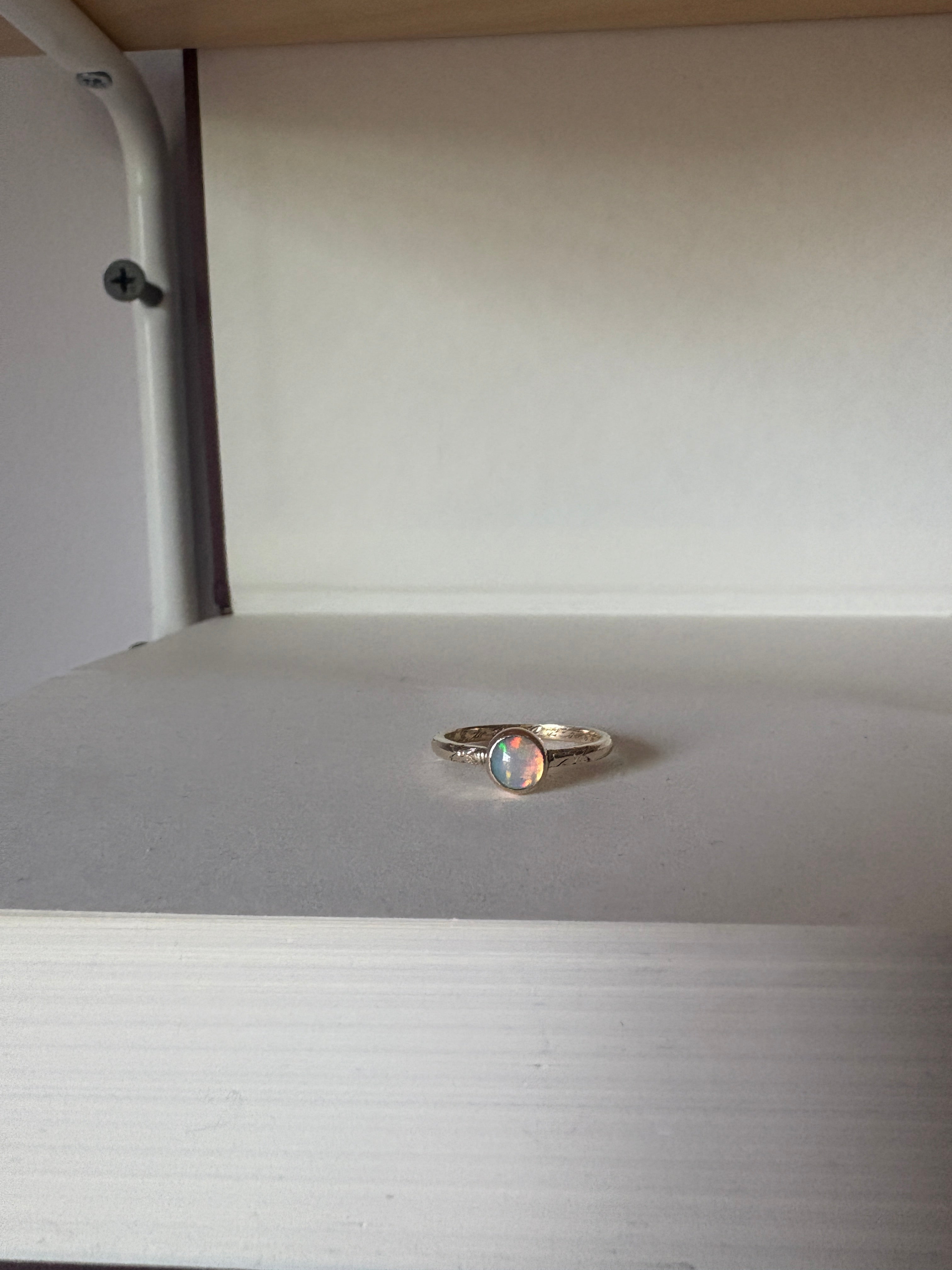 Ethiopian Opal in 14k yellow gold on engraved vintage 1966 floral band engagement ring upcycled gold