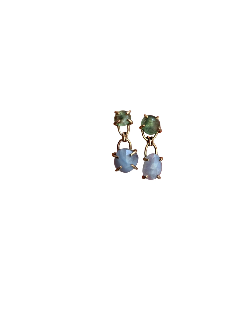 Linked Gems- Emerald and chalcedony linked stud dangles
