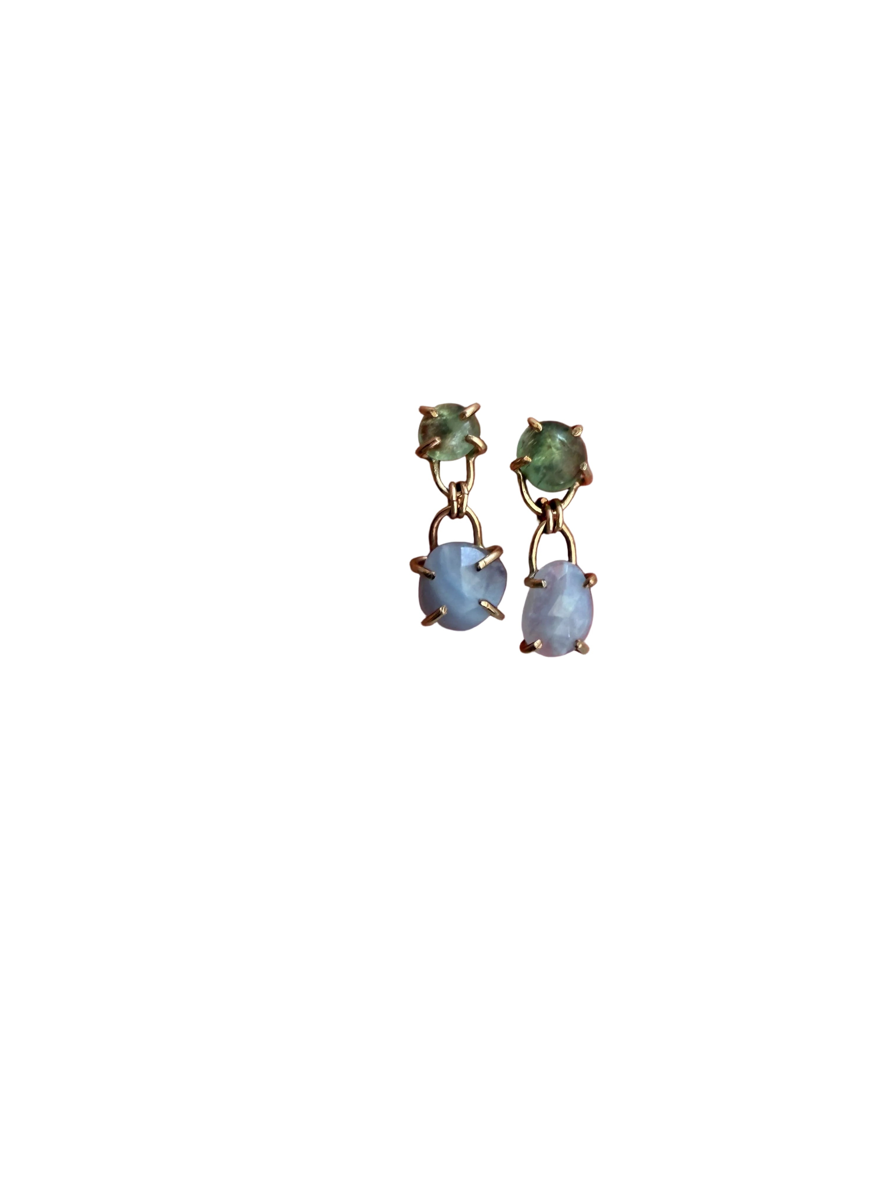 Linked Gems- Emerald and chalcedony linked stud dangles