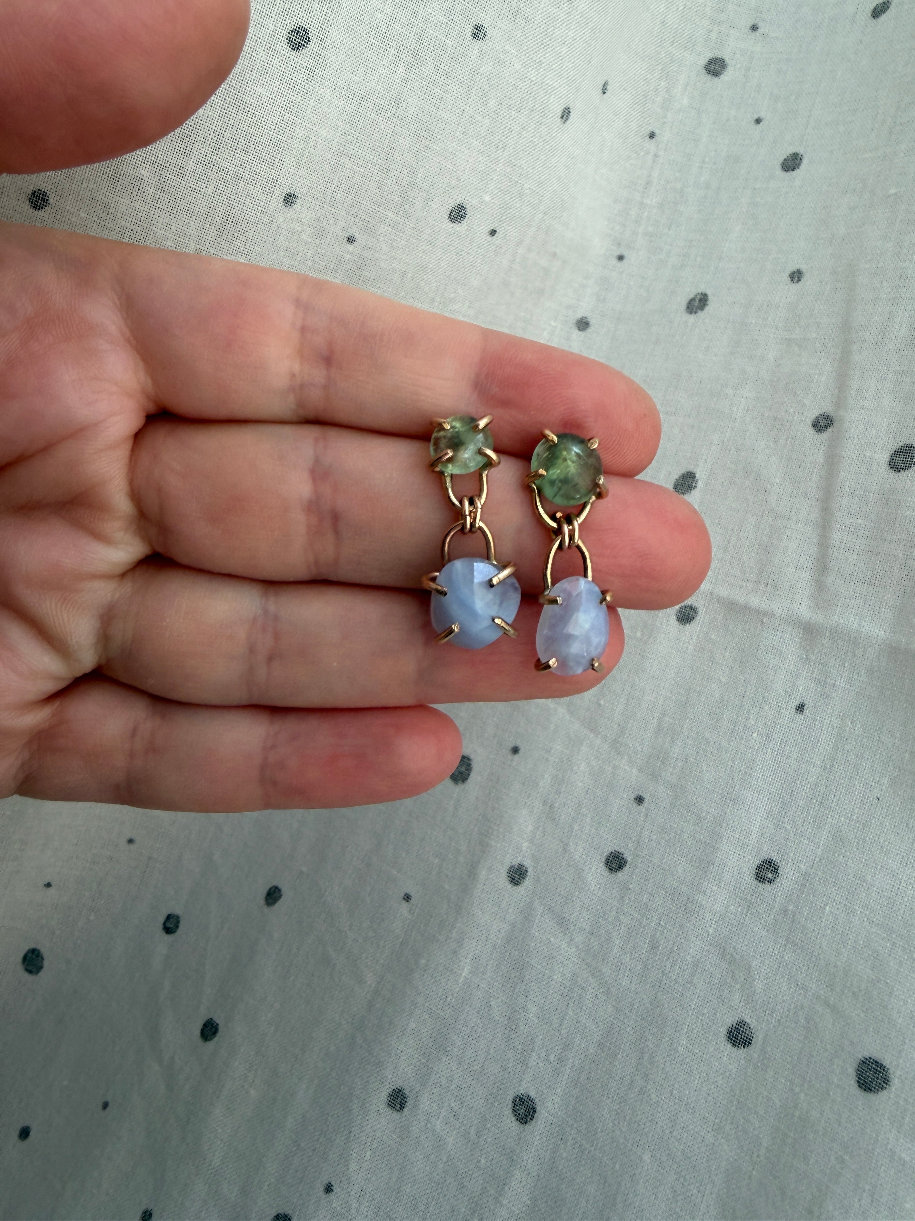 Linked Gems- Emerald and chalcedony linked stud dangles