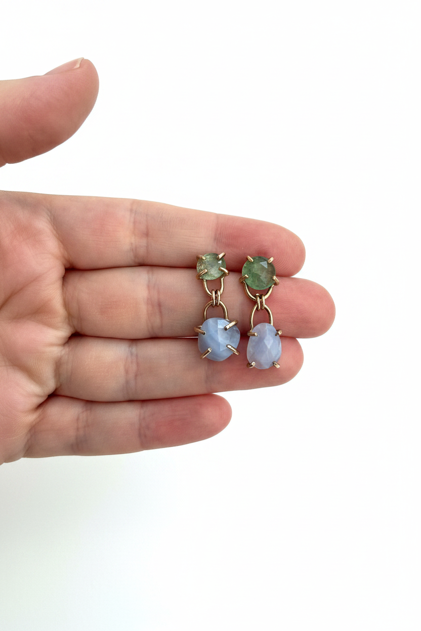 Linked Gems- Emerald and chalcedony linked stud dangles