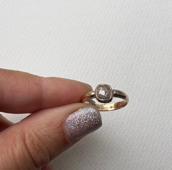 Gray Rosecut Diamond Ring on wide vintage band Handmade Bezel Engagement Ring