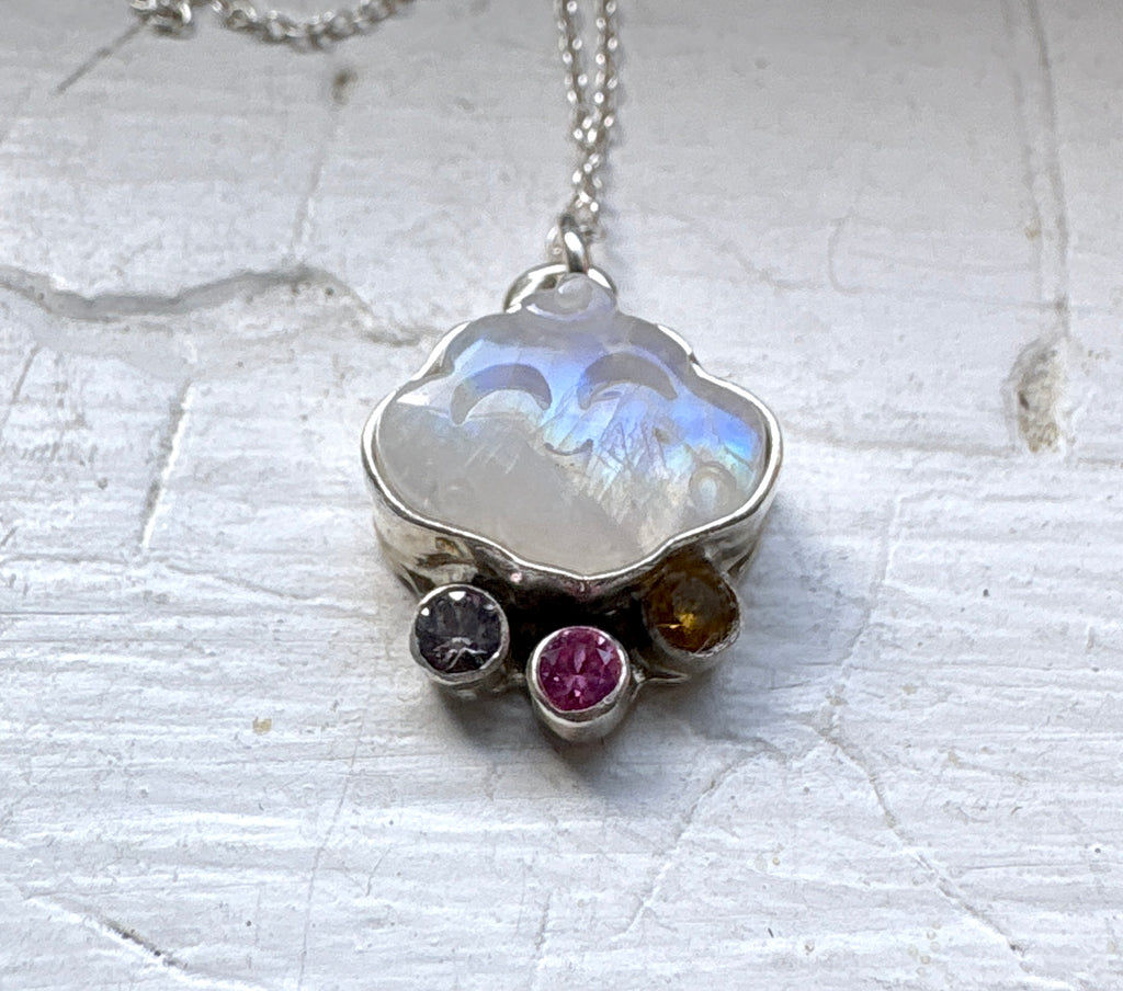 Moonstone Cloud Pendant with Rainbow Accent Stones