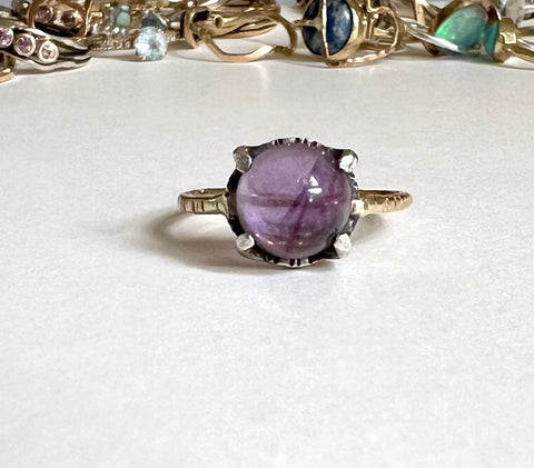 Amethyst Crystal Ball Ring in sterling silver and 14k gold hammered lines two toned handmade mystical ring