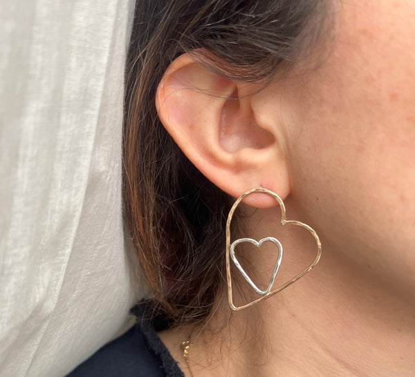 Heart in Heart Oversized Two Toned Stud Earrings