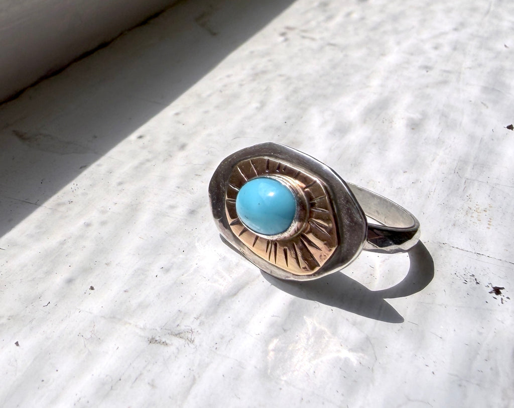 Topographic 2: Sterling and 14k Goldfilled Ring with vintage turquoise glass