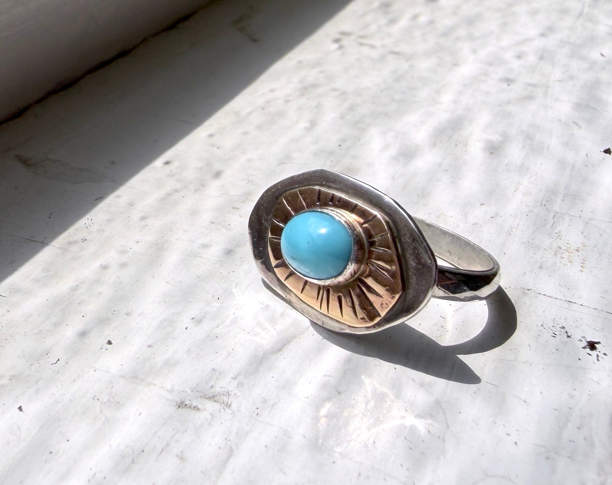 Topographic 2: Sterling and 14k Goldfilled Ring with vintage turquoise glass