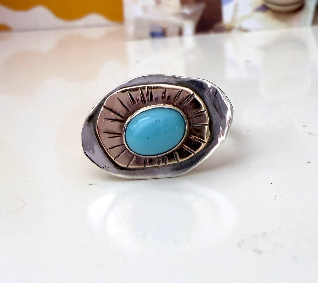 Topographic 2: Sterling and 14k Goldfilled Ring with vintage turquoise glass